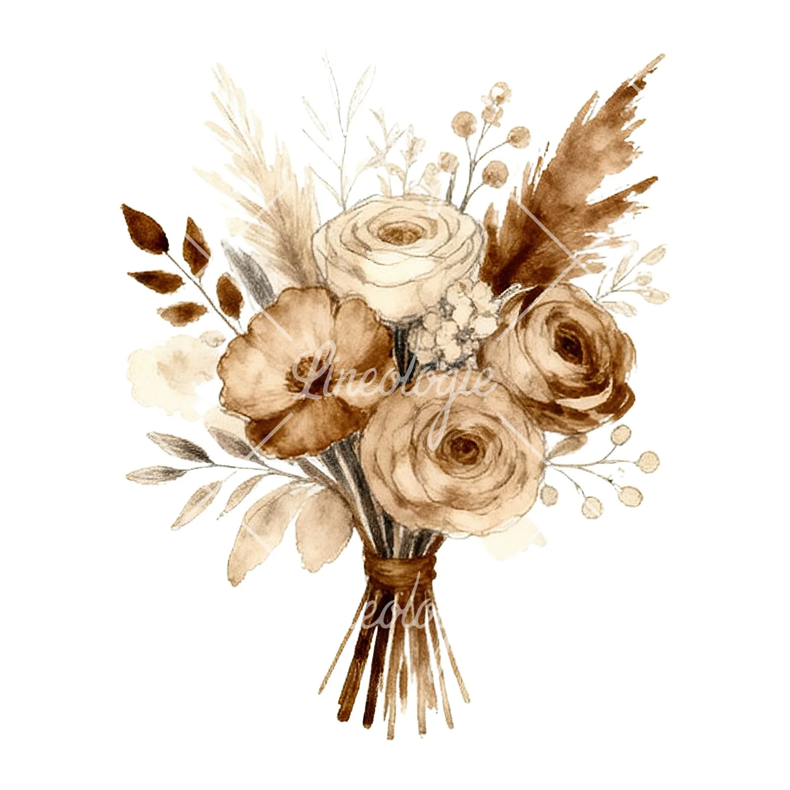 Watercolor boho neutral tones wedding bouquet clipart 5 of 9 on a white background (JPG)