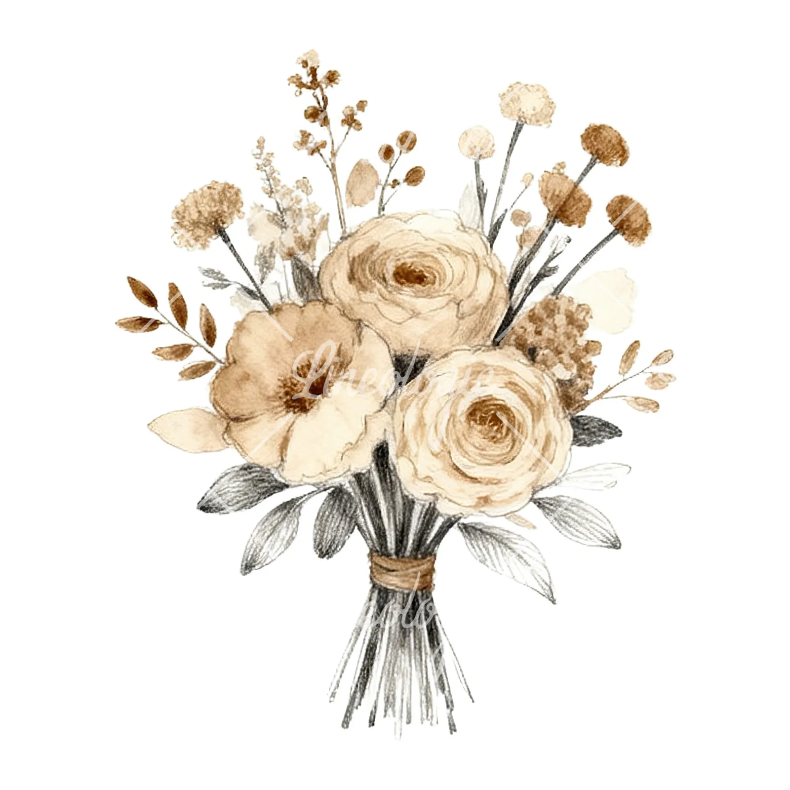 Watercolor boho neutral tones wedding bouquet clipart 6 of 9 on a white background (JPG)
