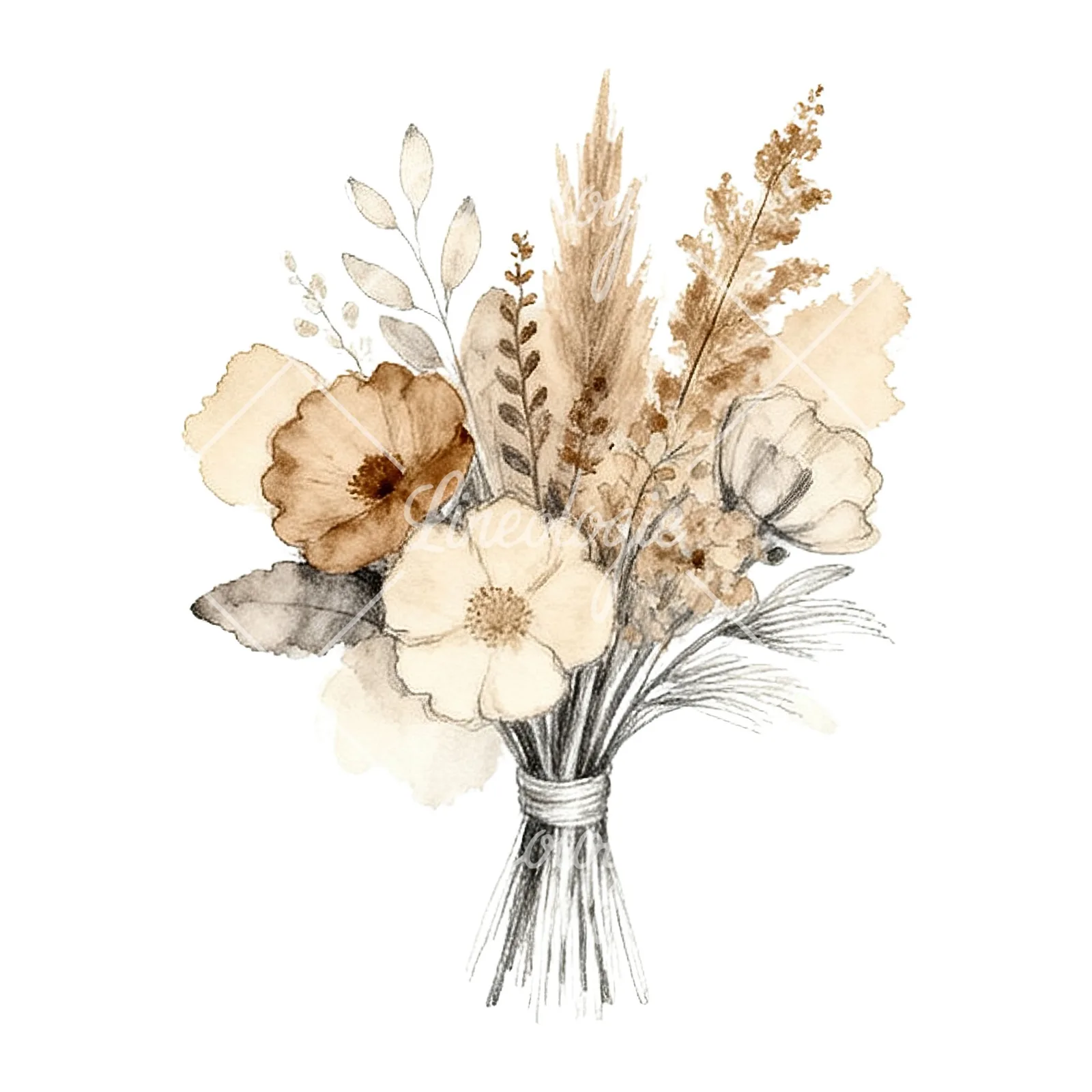 Watercolor boho neutral tones wedding bouquet clipart 7 of 9 on a white background (JPG)