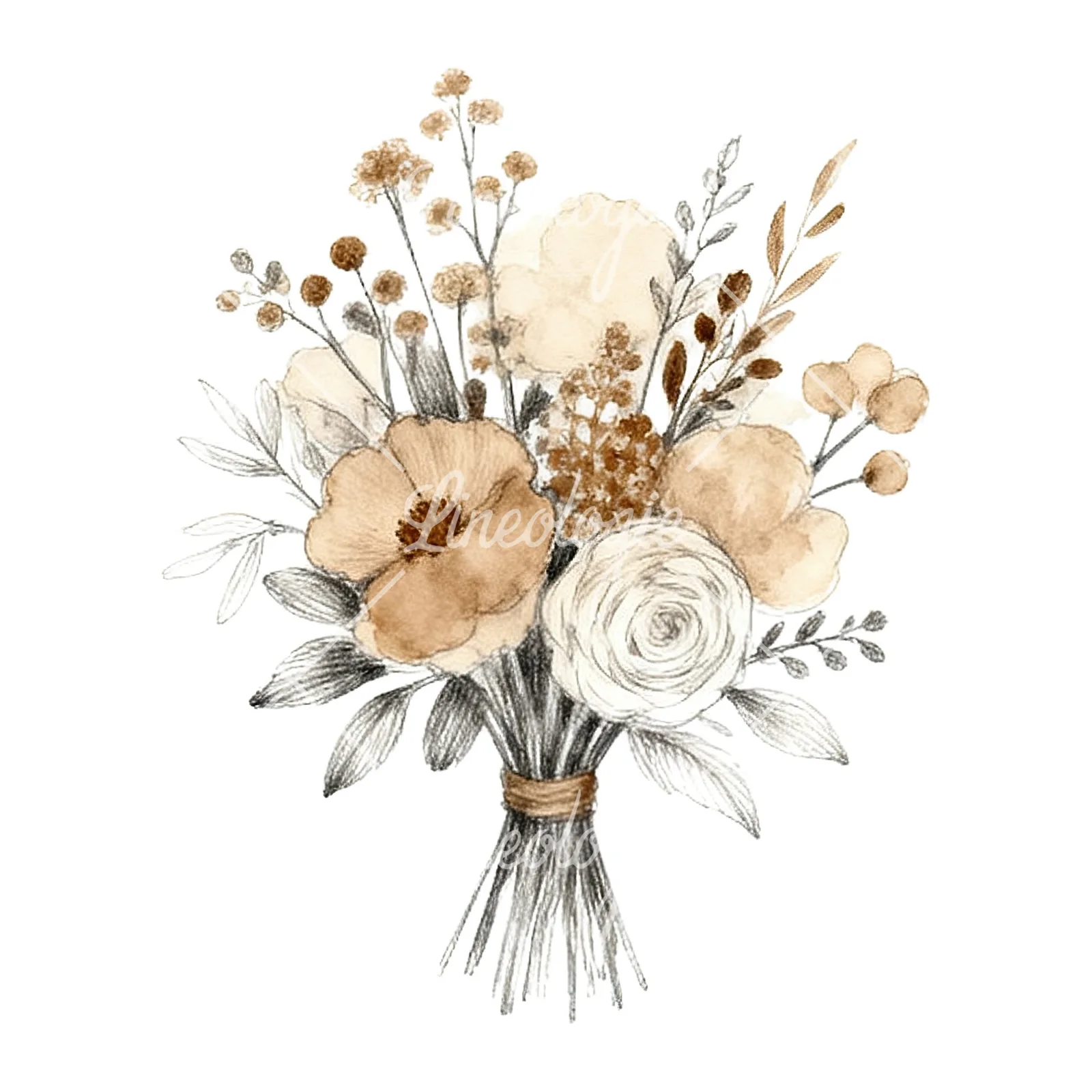 Watercolor boho neutral tones wedding bouquet clipart 8 of 9 on a white background (JPG)