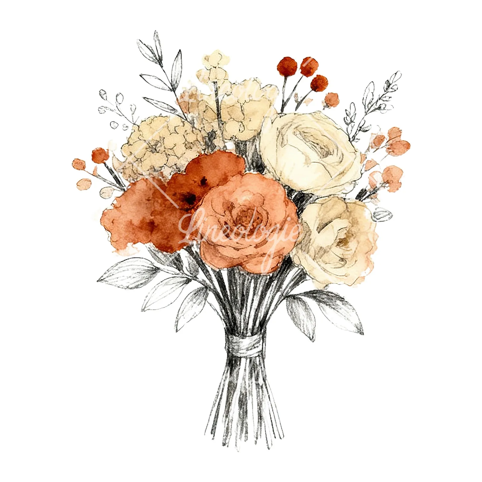 Watercolor boho rust and cream wedding bouquet clipart 1 of 9 on a white background (JPG)