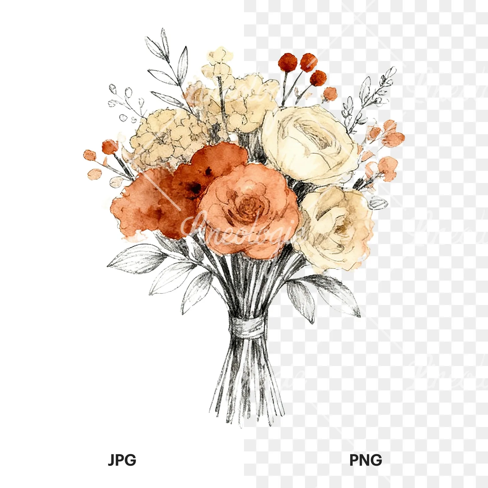 Watercolor boho rust and cream wedding bouquet clipart 1 of 9, as a JPG on white and a transparent PNG