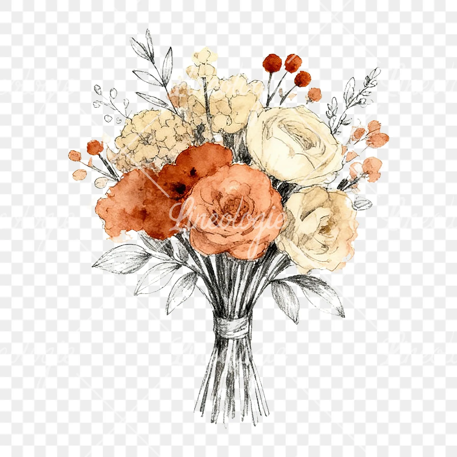 Watercolor boho rust and cream wedding bouquet clipart 1 of 9 on a transparent background (PNG)