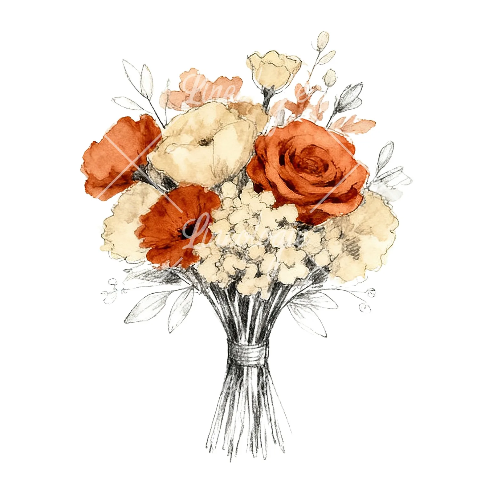 Watercolor boho rust and cream wedding bouquet clipart 2 of 9 on a white background (JPG)