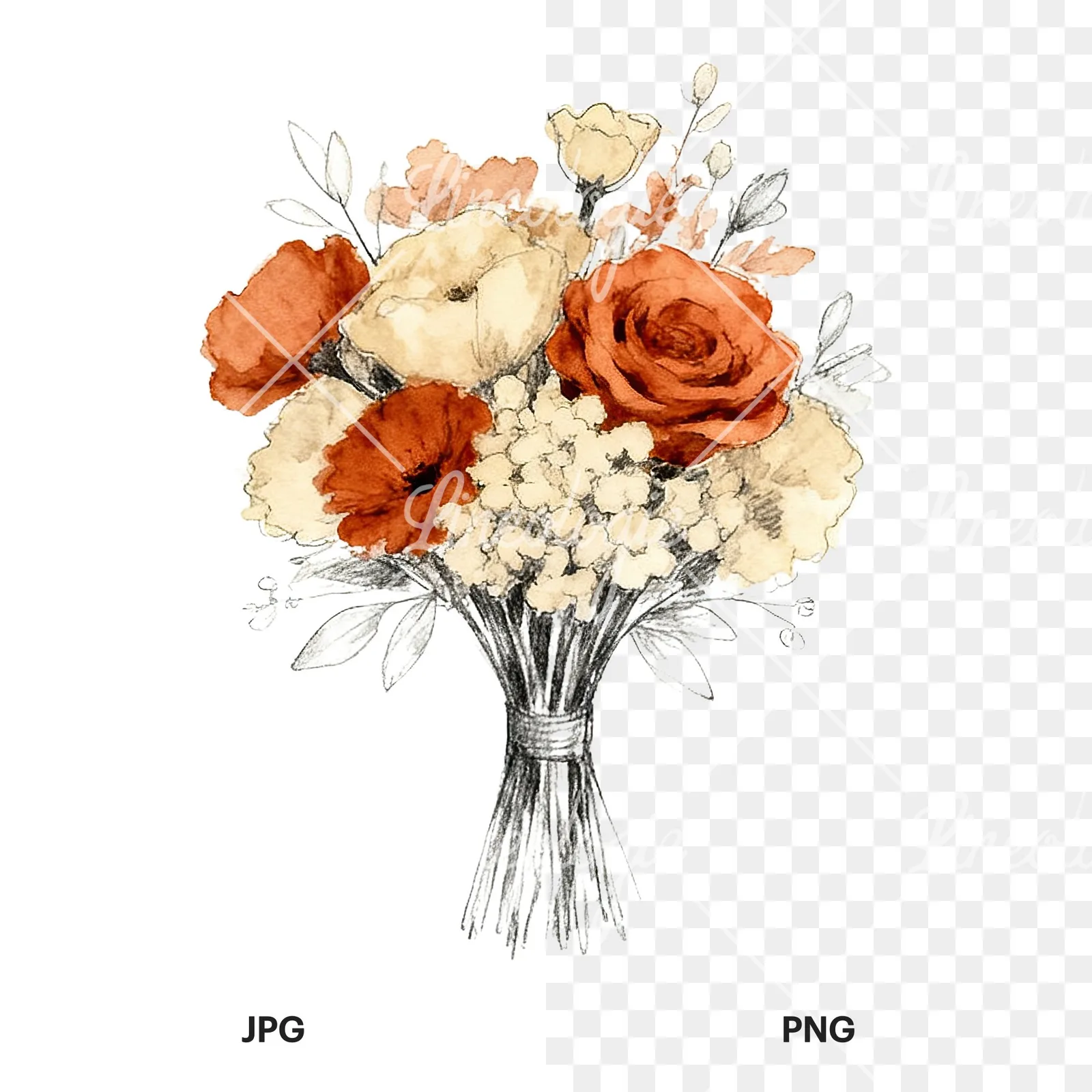 Watercolor boho rust and cream wedding bouquet clipart 2 of 9, as a JPG on white and a transparent PNG