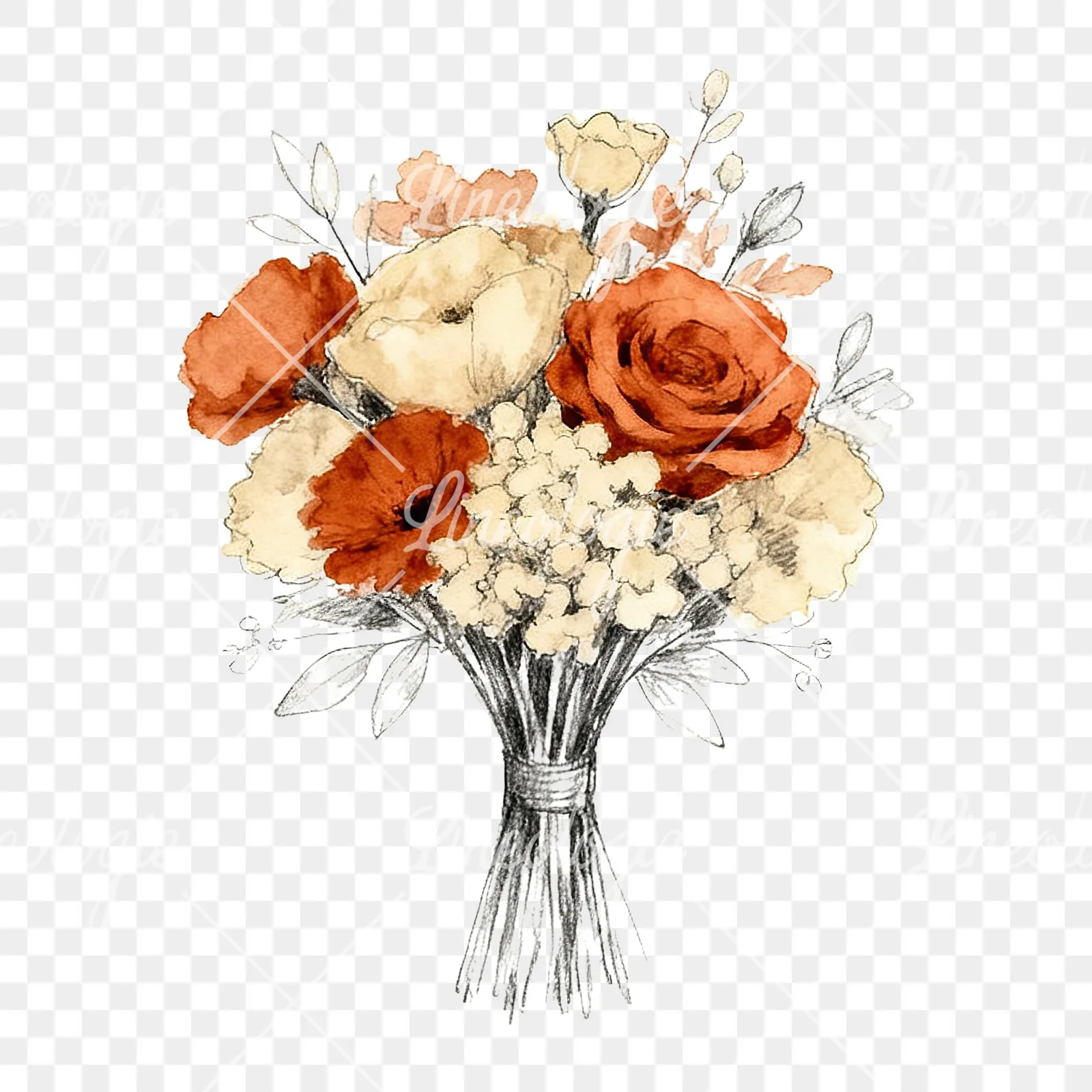 Watercolor boho rust and cream wedding bouquet clipart 2 of 9 on a transparent background (PNG)
