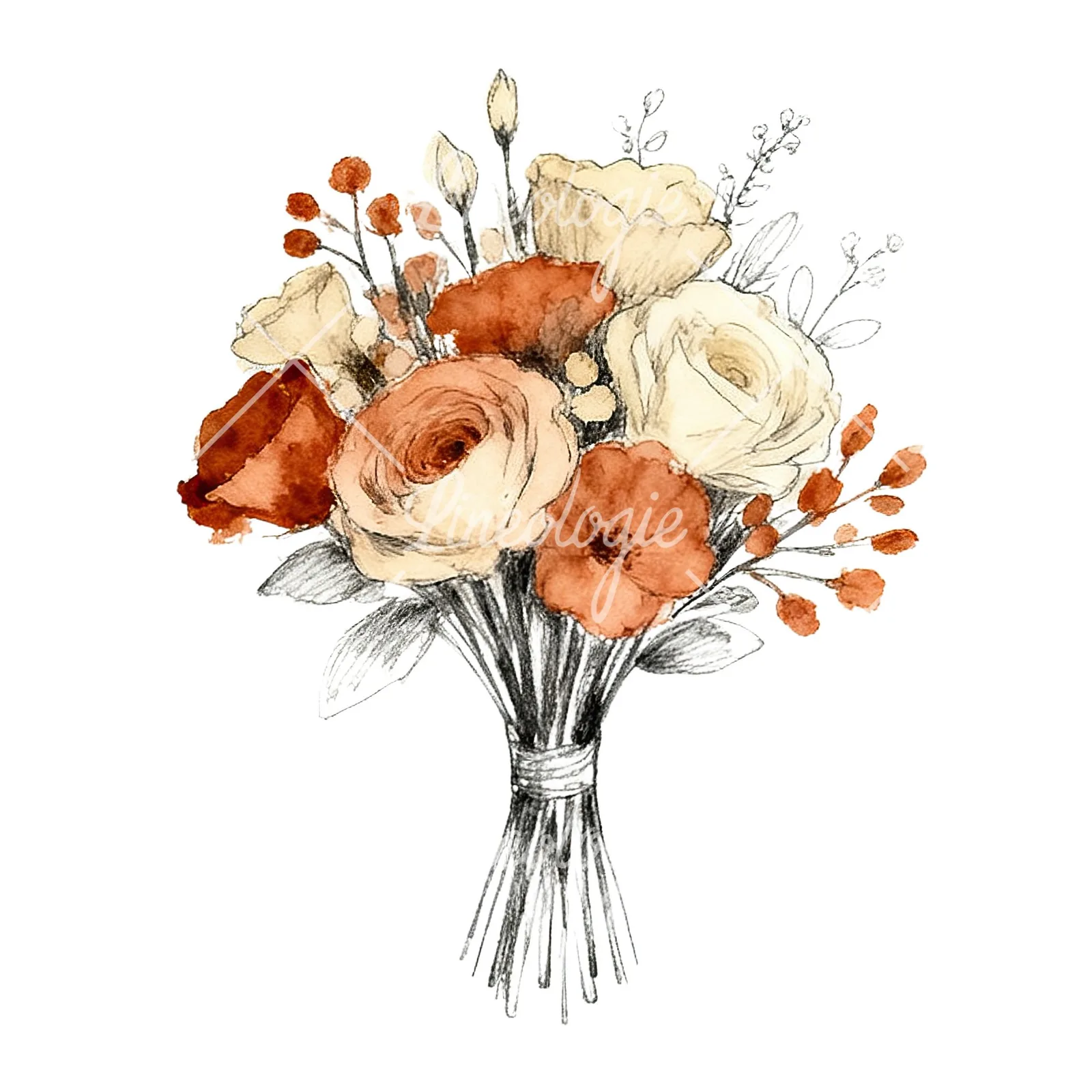 Watercolor boho rust and cream wedding bouquet clipart 3 of 9 on a white background (JPG)
