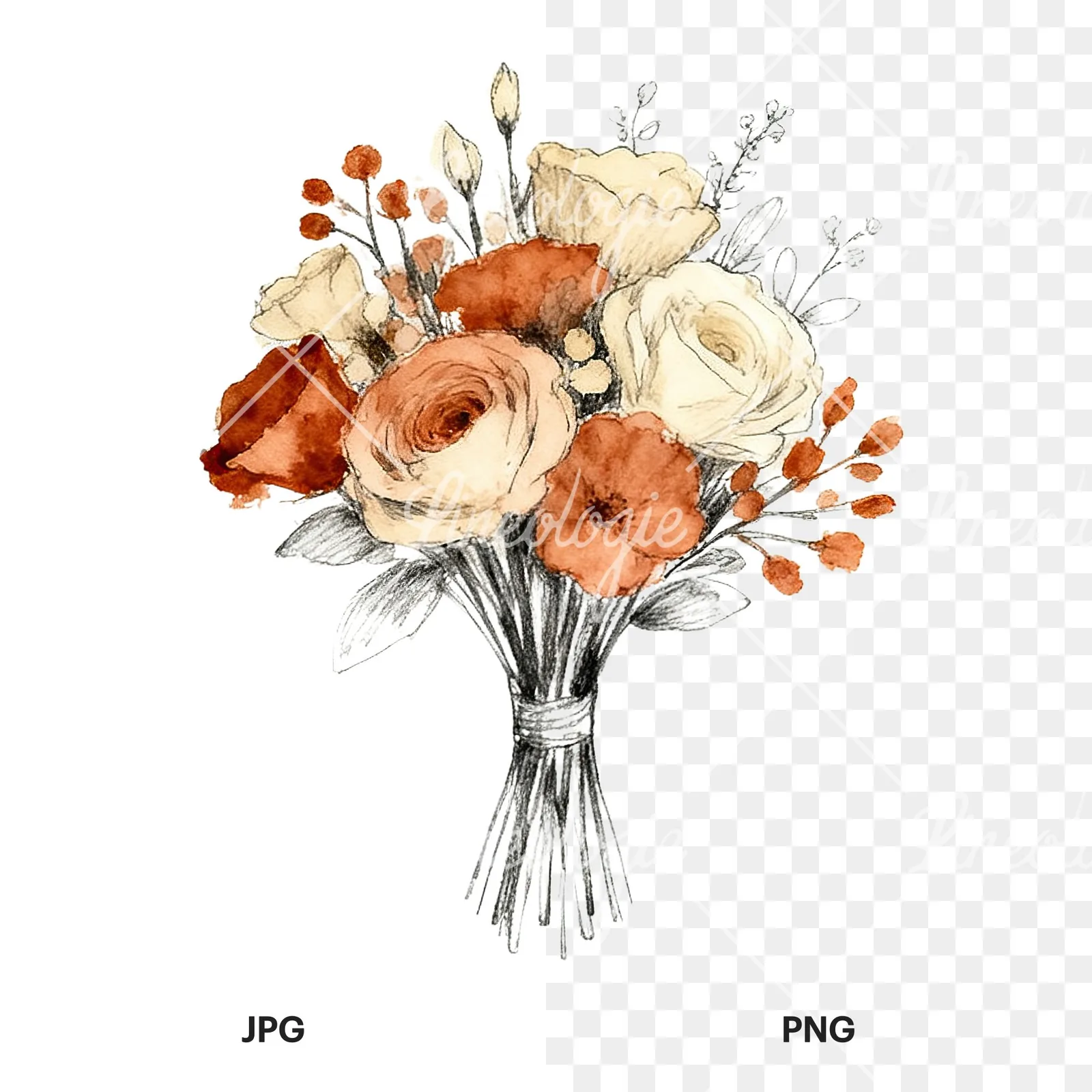 Watercolor boho rust and cream wedding bouquet clipart 3 of 9, as a JPG on white and a transparent PNG