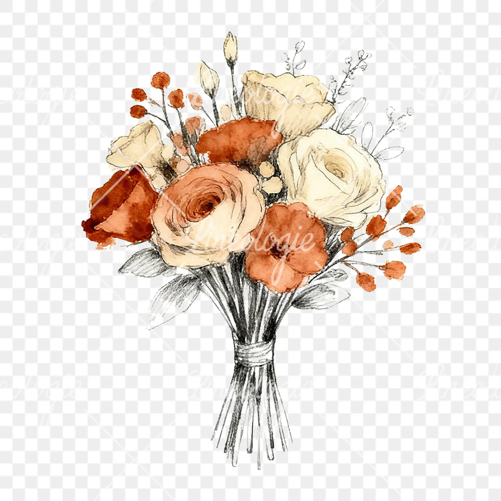 Watercolor boho rust and cream wedding bouquet clipart 3 of 9 on a transparent background (PNG)