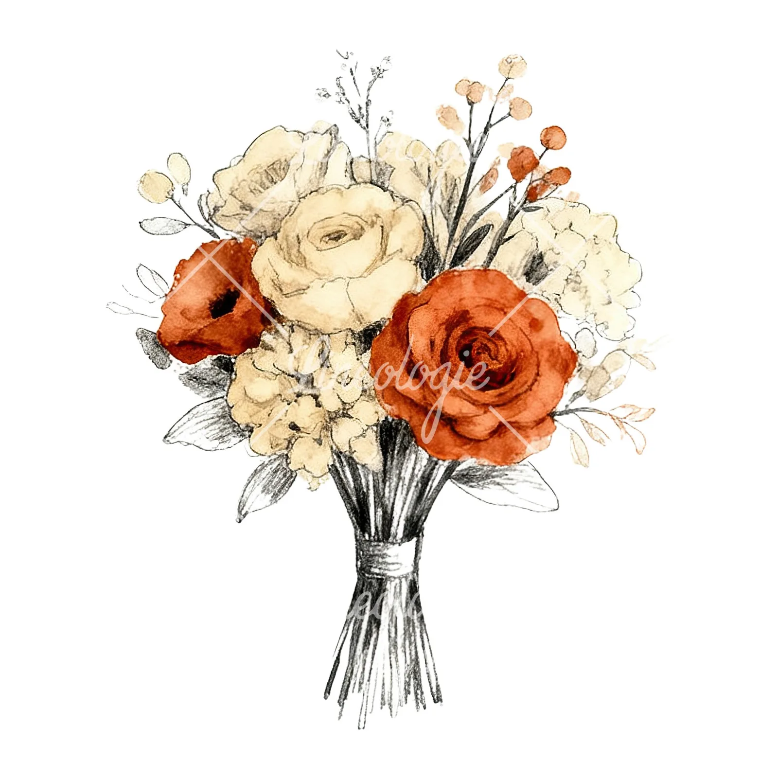 Watercolor boho rust and cream wedding bouquet clipart 4 of 9 on a white background (JPG)