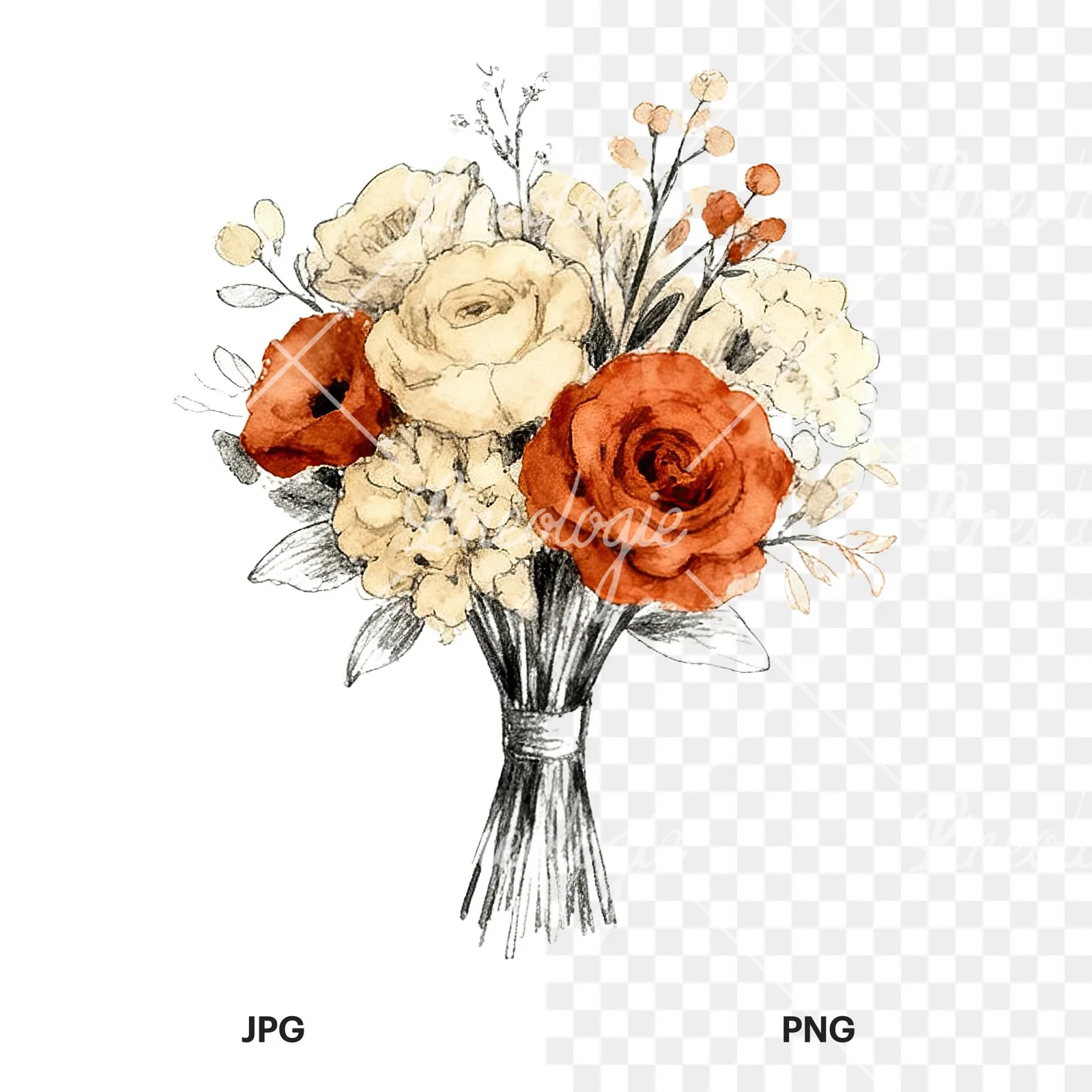 Watercolor boho rust and cream wedding bouquet clipart 4 of 9, as a JPG on white and a transparent PNG