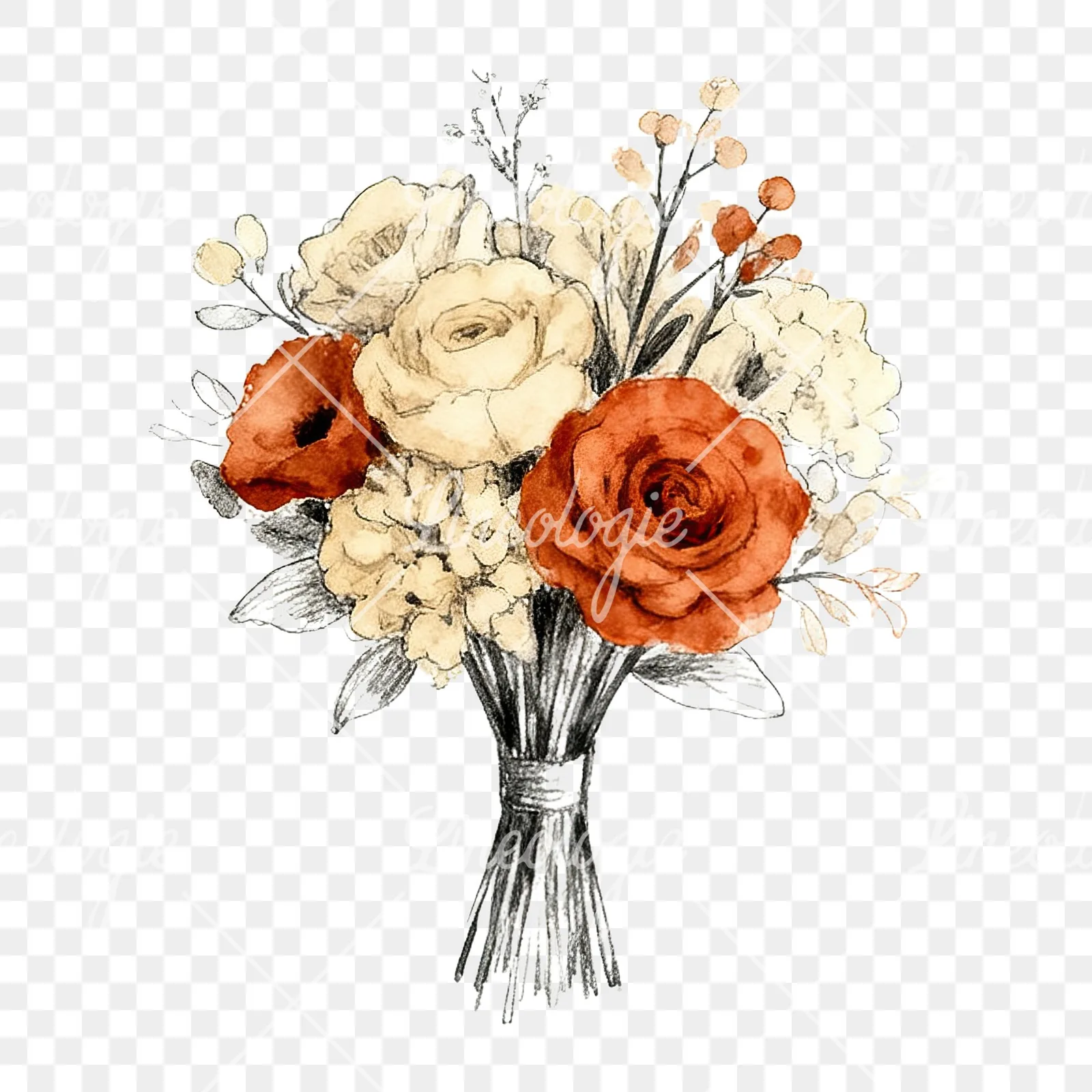 Watercolor boho rust and cream wedding bouquet clipart 4 of 9 on a transparent background (PNG)