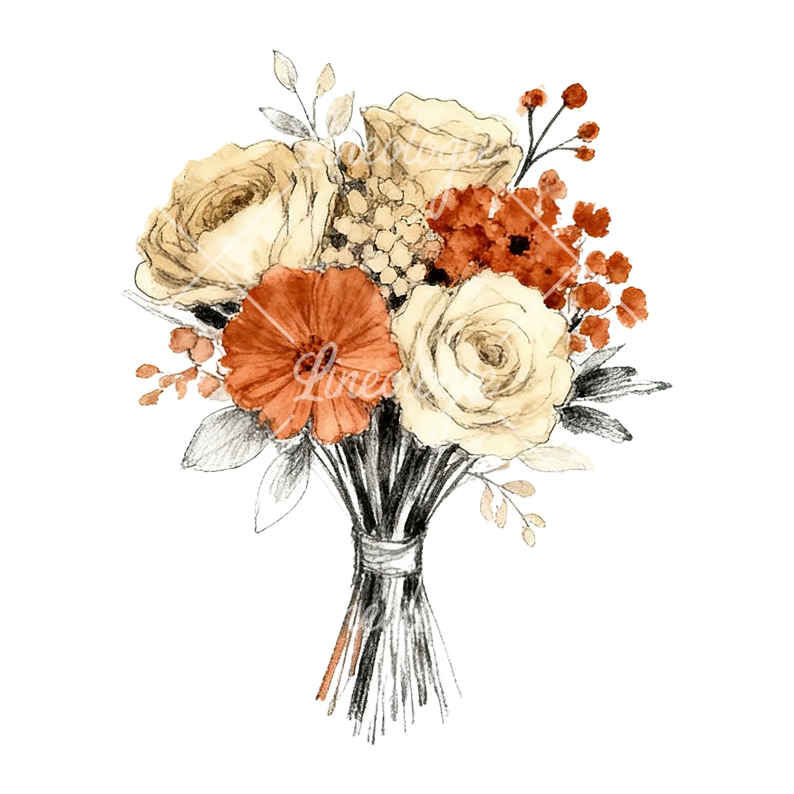 Watercolor boho rust and cream wedding bouquet clipart 5 of 9 on a white background (JPG)