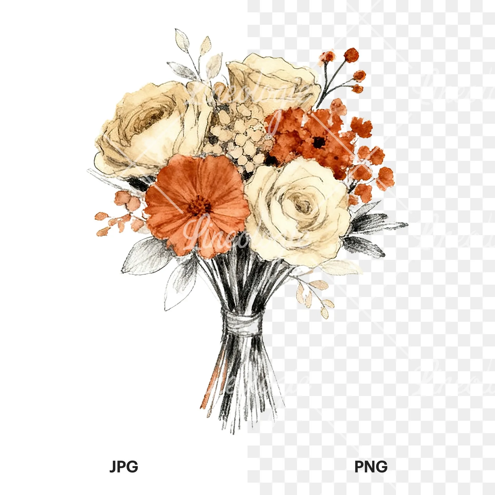 Watercolor boho rust and cream wedding bouquet clipart 5 of 9, as a JPG on white and a transparent PNG