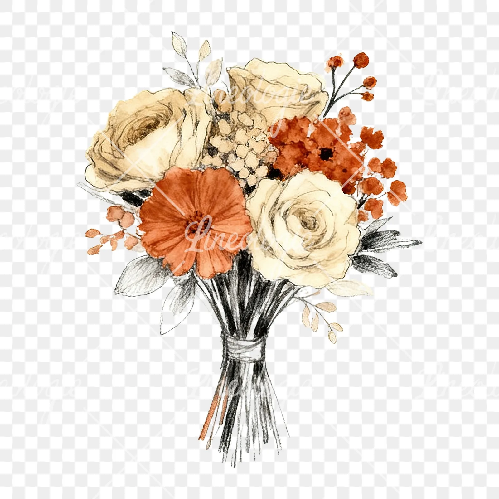 Watercolor boho rust and cream wedding bouquet clipart 5 of 9 on a transparent background (PNG)