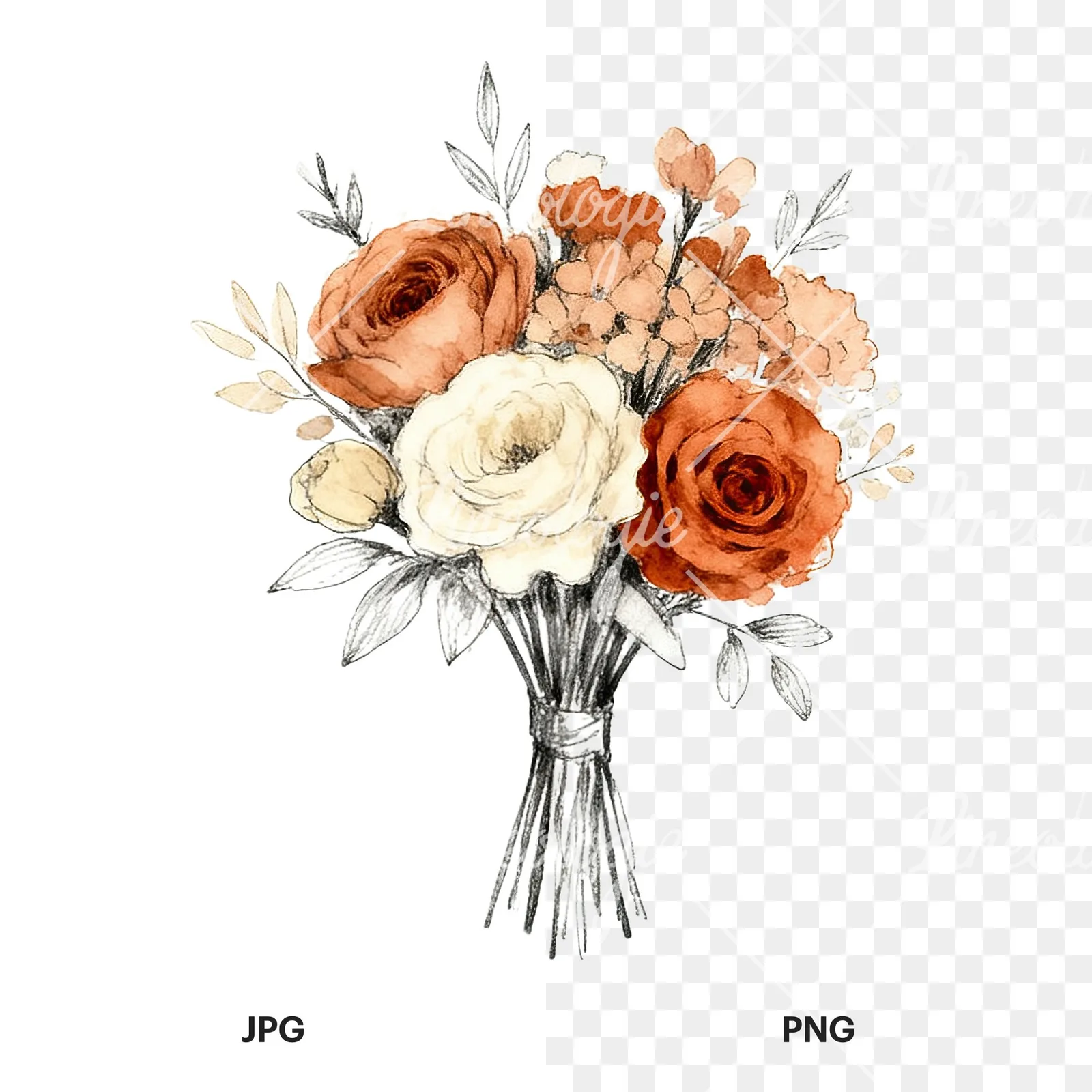 Watercolor boho rust and cream wedding bouquet clipart 6 of 9, as a JPG on white and a transparent PNG