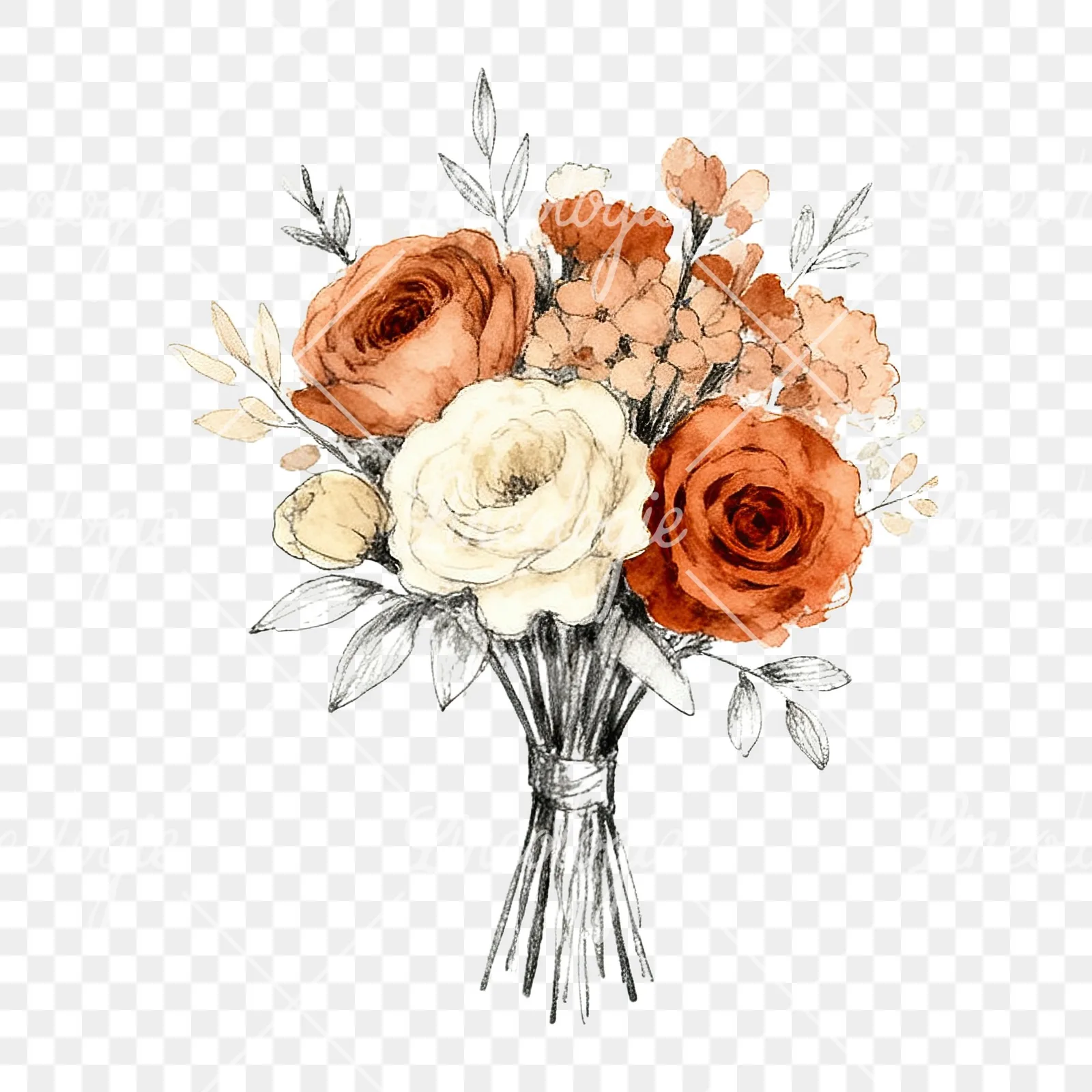 Watercolor boho rust and cream wedding bouquet clipart 6 of 9 on a transparent background (PNG)