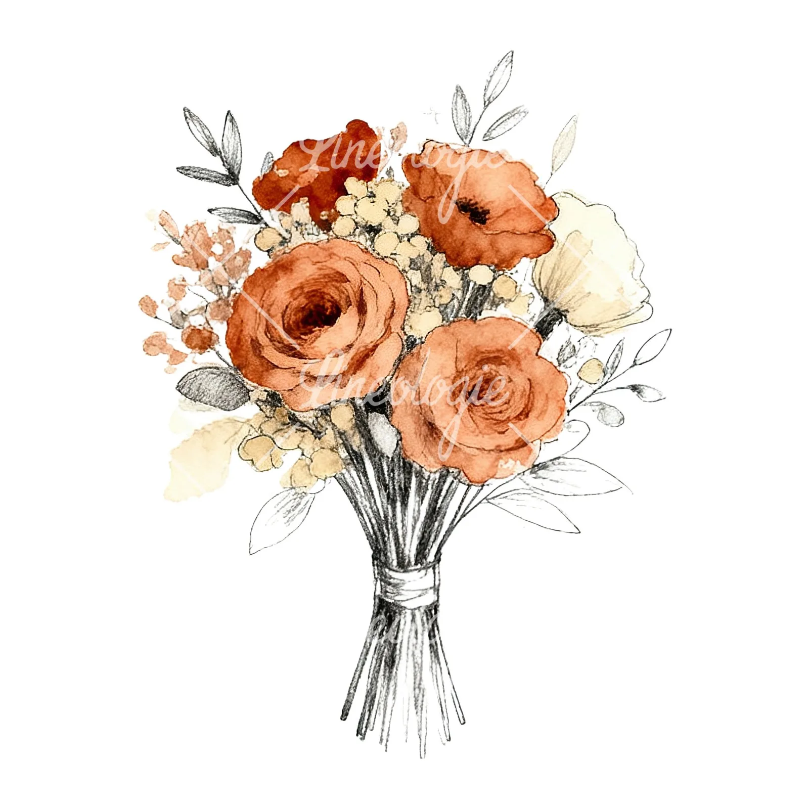 Watercolor boho rust and cream wedding bouquet clipart 7 of 9 on a white background (JPG)