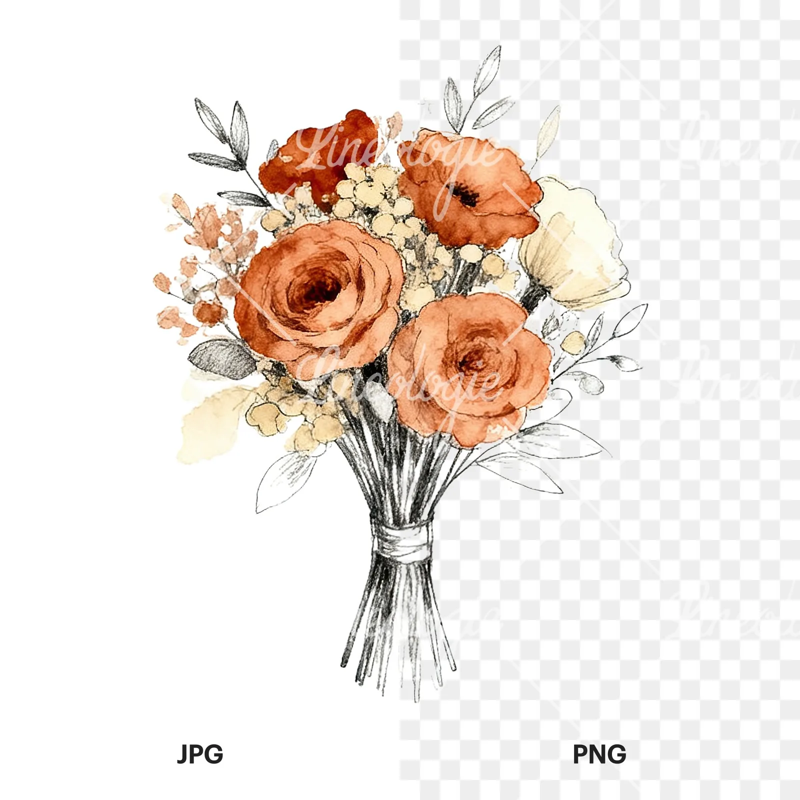 Watercolor boho rust and cream wedding bouquet clipart 7 of 9, as a JPG on white and a transparent PNG