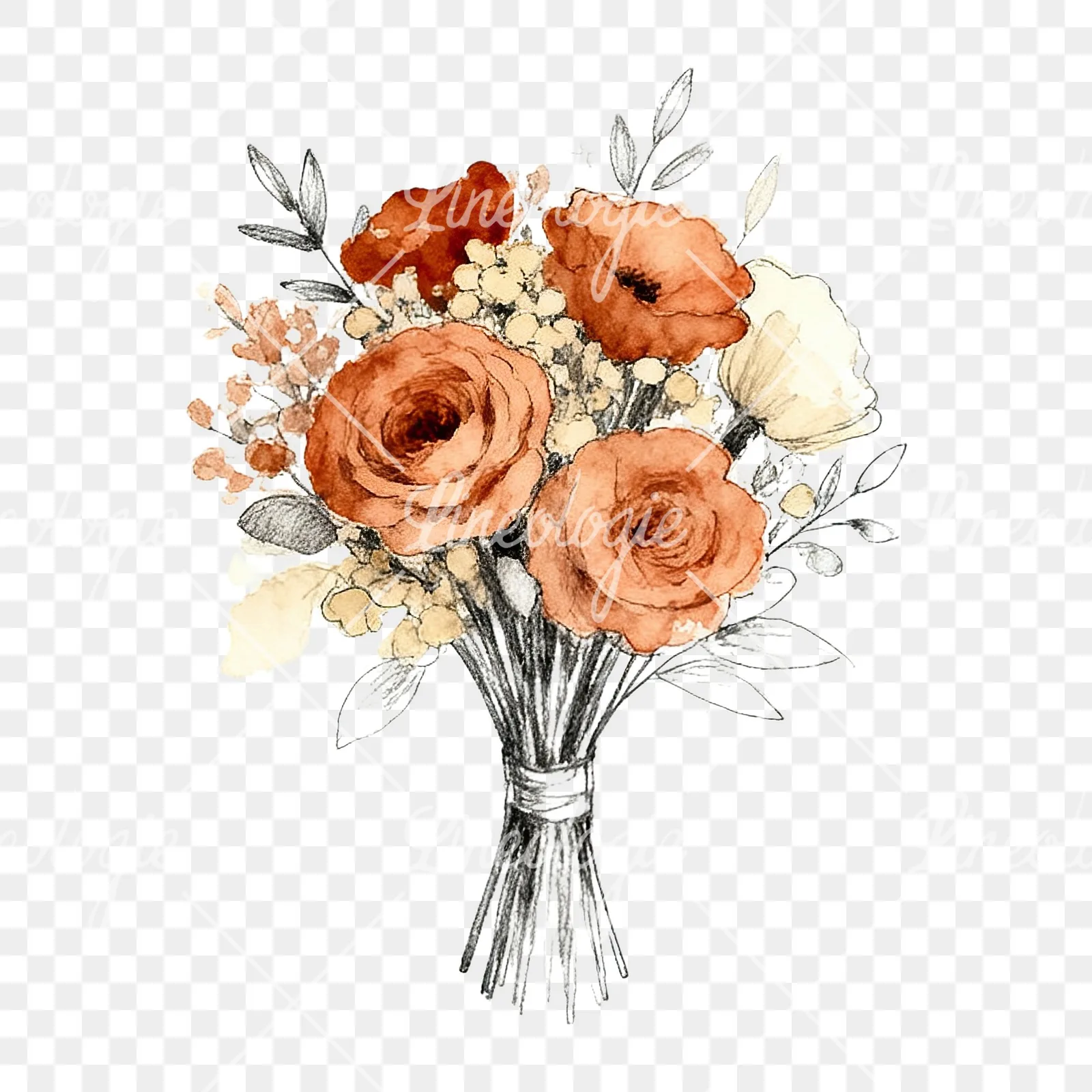 Watercolor boho rust and cream wedding bouquet clipart 7 of 9 on a transparent background (PNG)