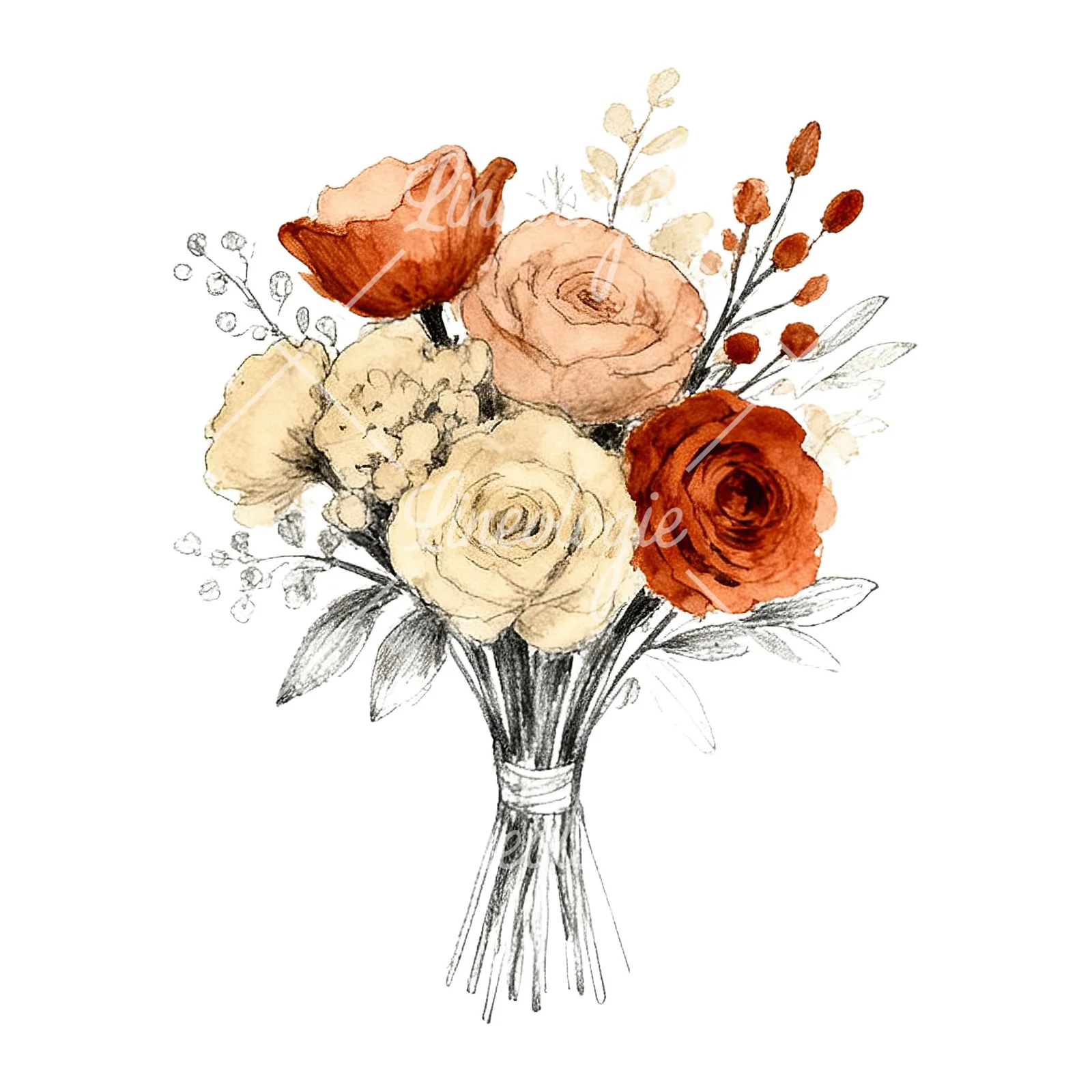 Watercolor boho rust and cream wedding bouquet clipart 8 of 9 on a white background (JPG)