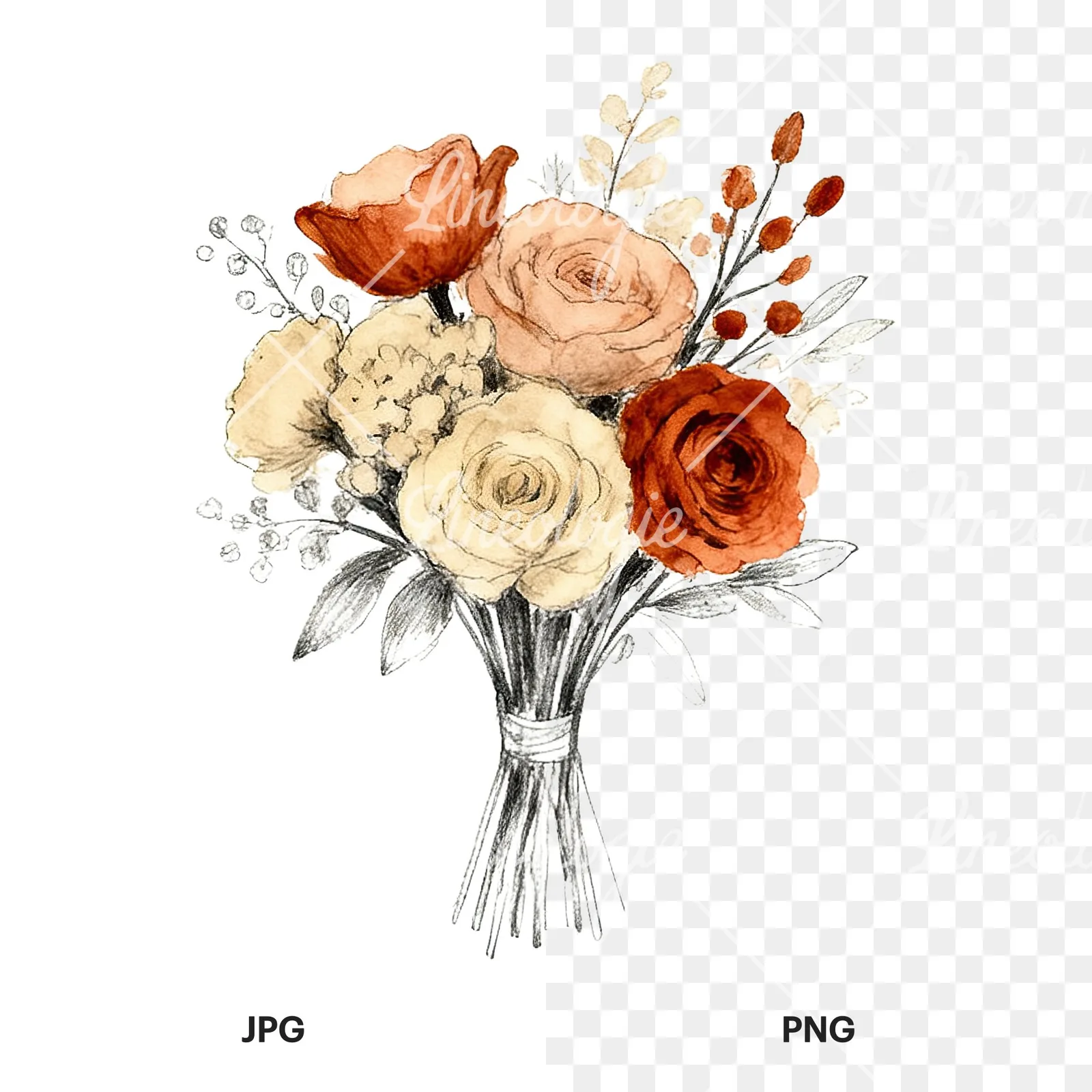 Watercolor boho rust and cream wedding bouquet clipart 8 of 9, as a JPG on white and a transparent PNG