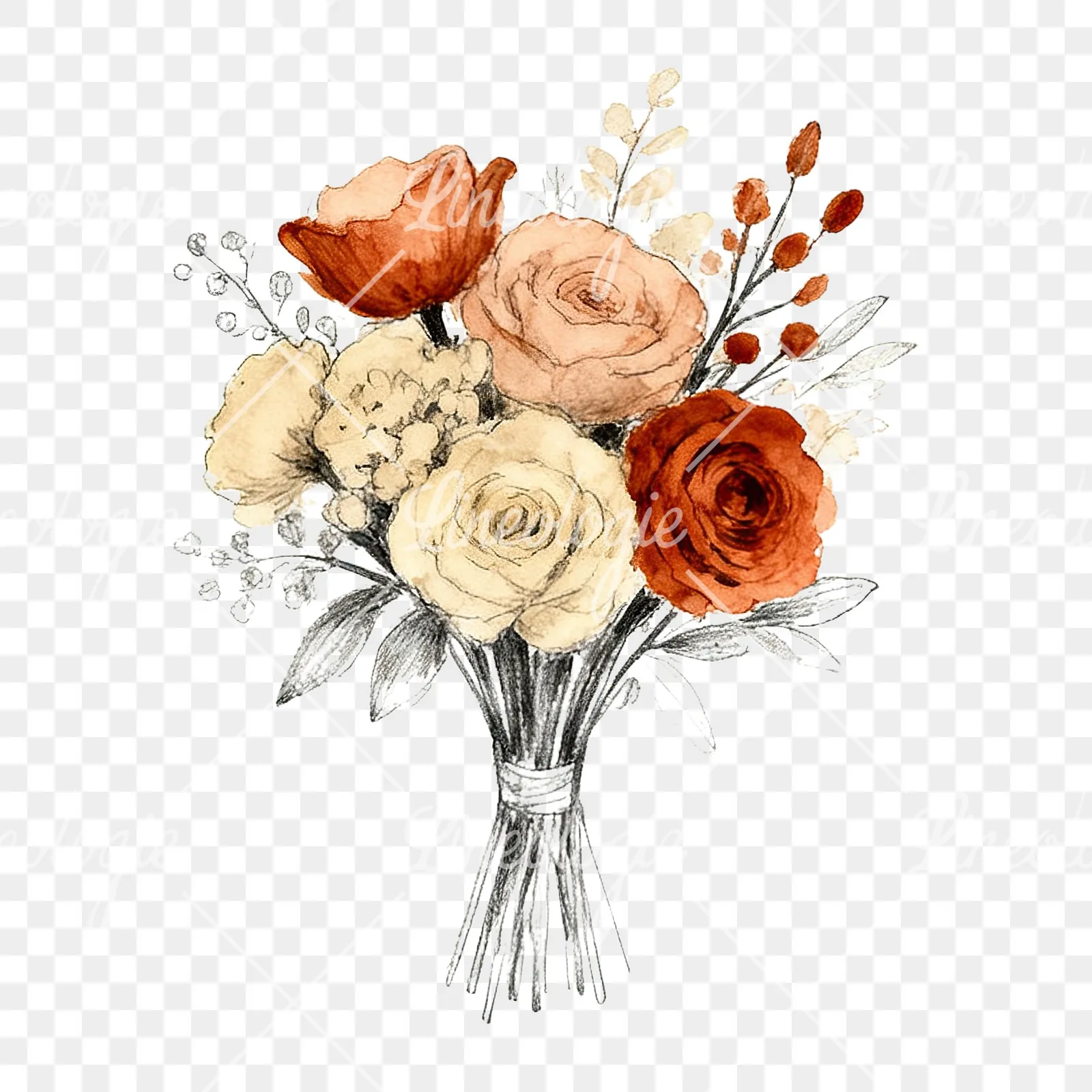 Watercolor boho rust and cream wedding bouquet clipart 8 of 9 on a transparent background (PNG)
