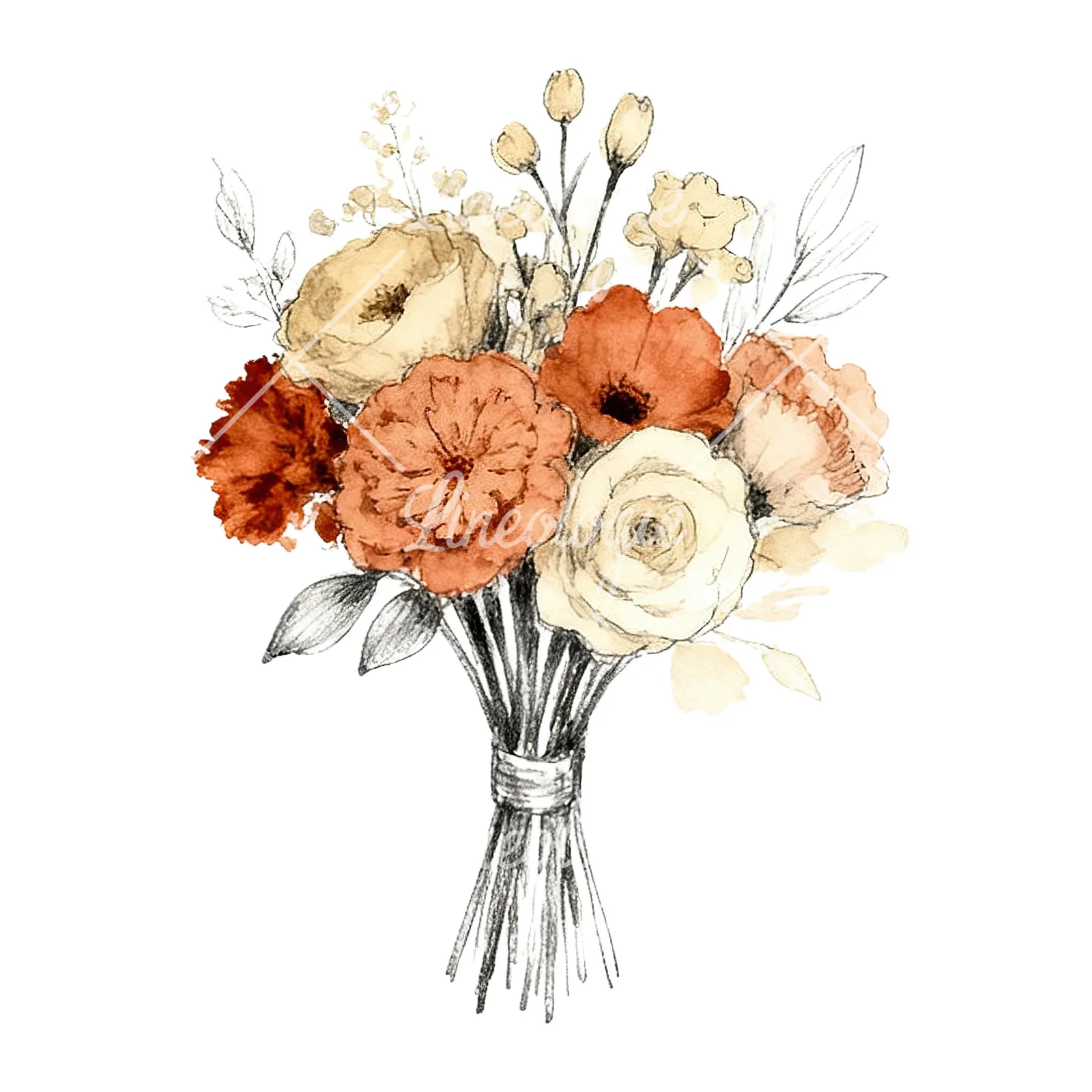 Watercolor boho rust and cream wedding bouquet clipart 9 of 9 on a white background (JPG)