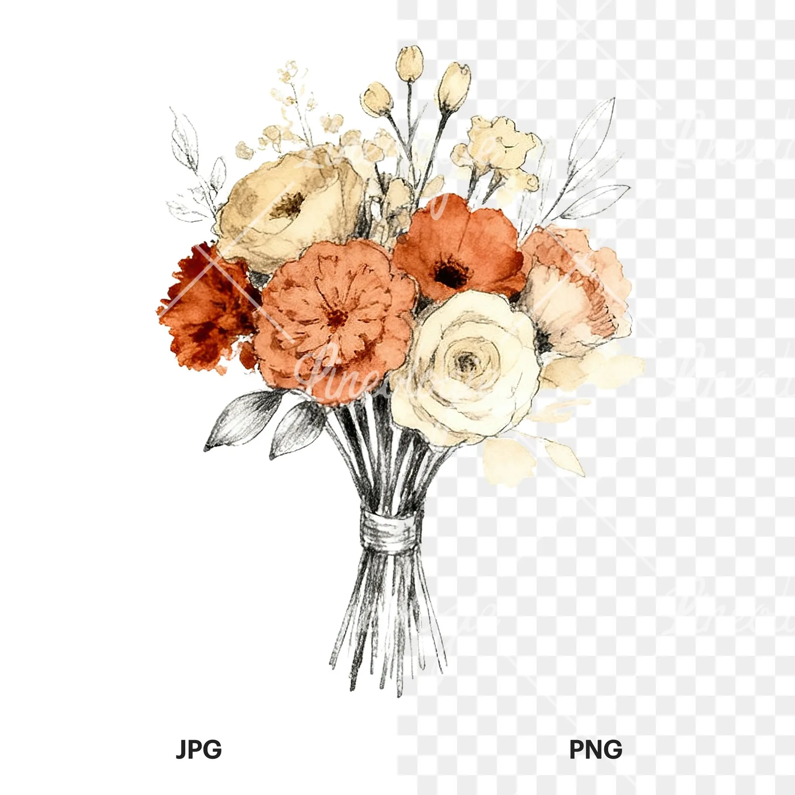 Watercolor boho rust and cream wedding bouquet clipart 9 of 9, as a JPG on white and a transparent PNG