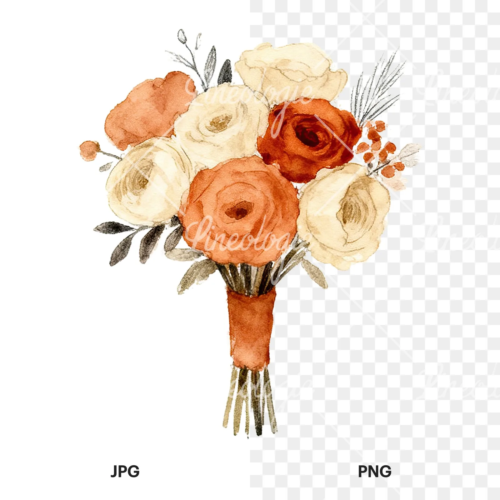Watercolor boho terracotta rust and beige wedding bouquet clipart 1 of 9, as a JPG on white and a transparent PNG