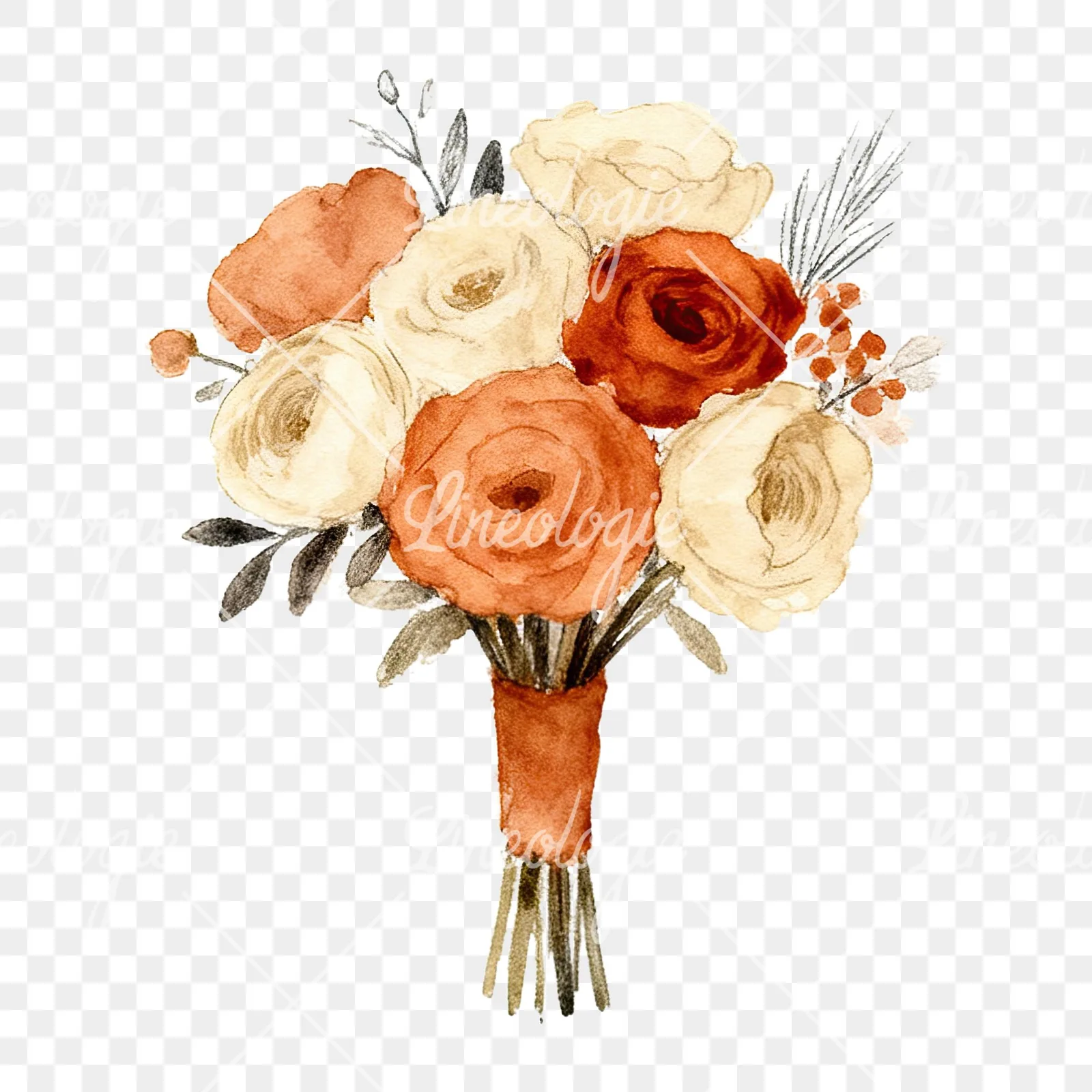 Watercolor boho terracotta rust and beige wedding bouquet clipart 1 of 9 on a transparent background (PNG)