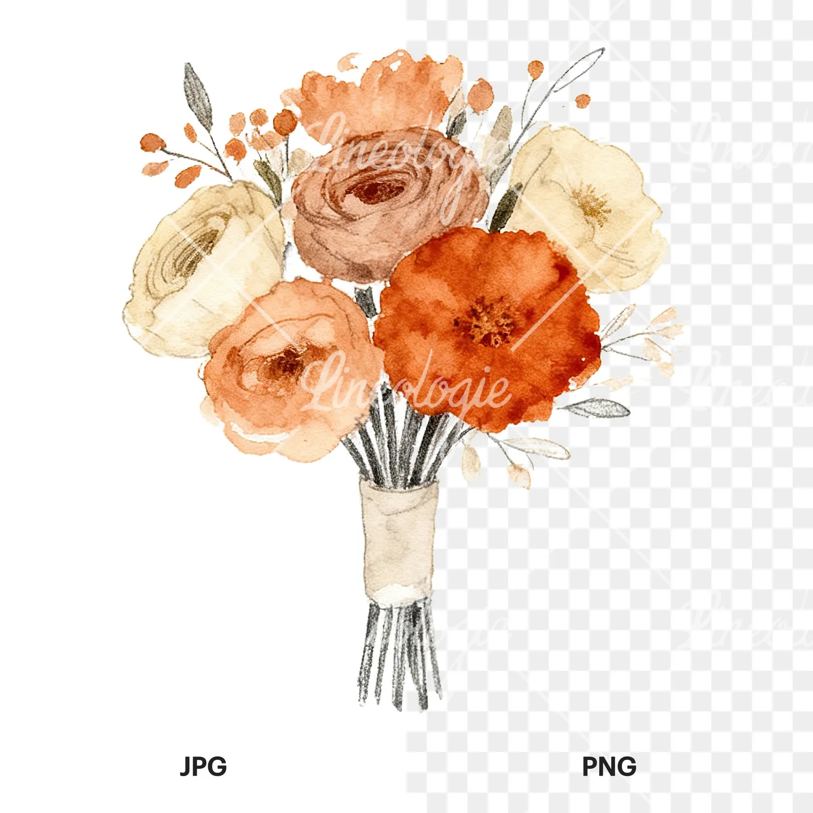 Watercolor boho terracotta rust and beige wedding bouquet clipart 2 of 9, as a JPG on white and a transparent PNG