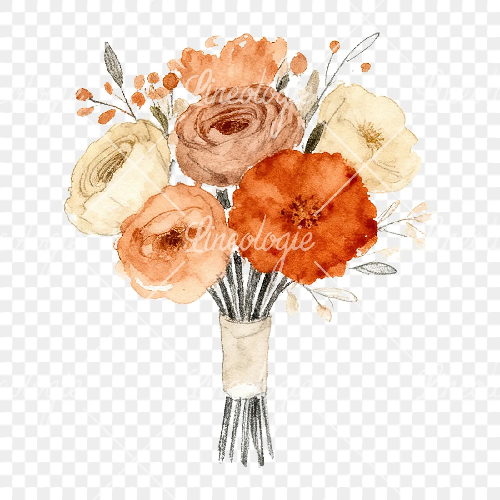 Watercolor boho terracotta rust and beige wedding bouquet clipart 2 of 9 on a transparent background (PNG)