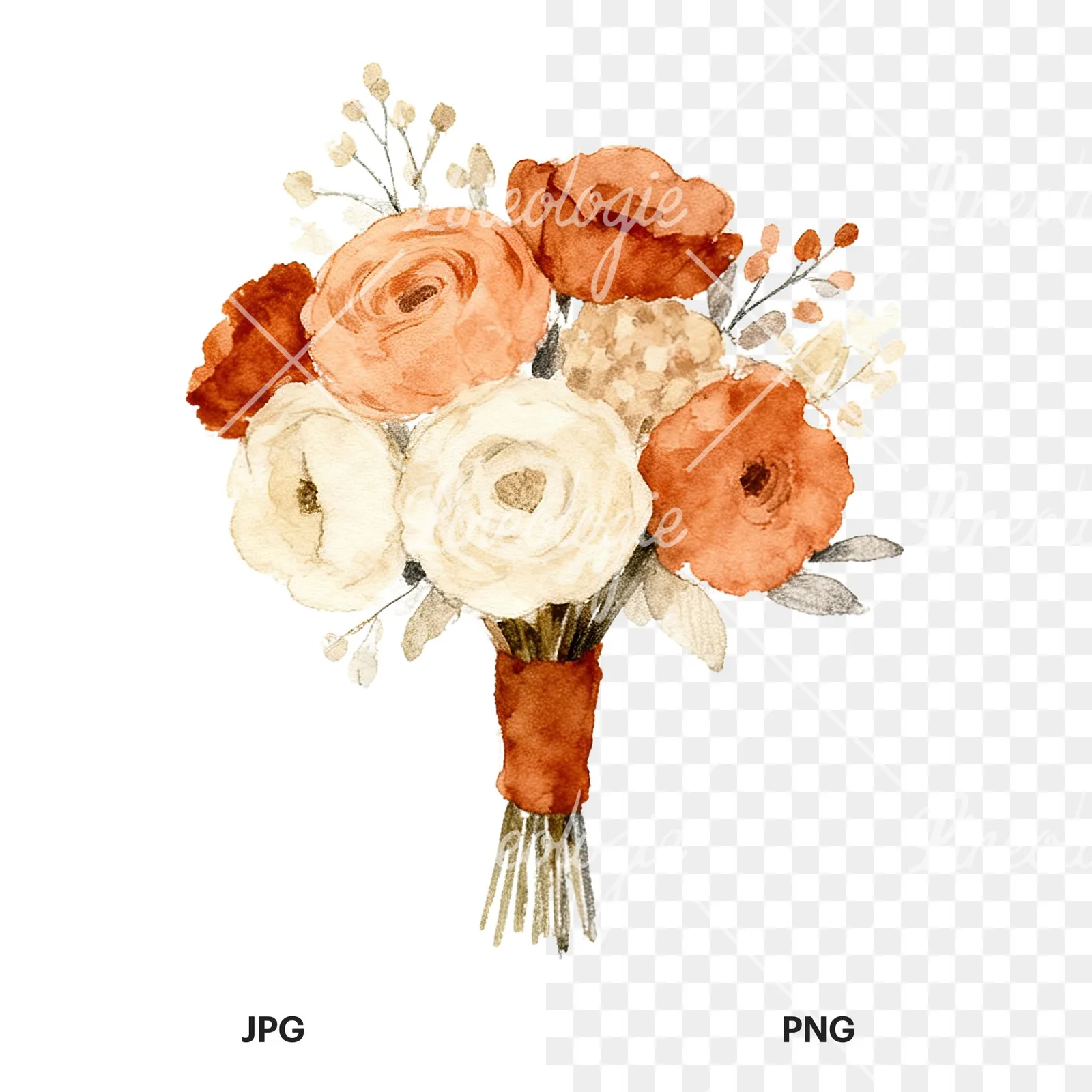 Watercolor boho terracotta rust and beige wedding bouquet clipart 3 of 9, as a JPG on white and a transparent PNG