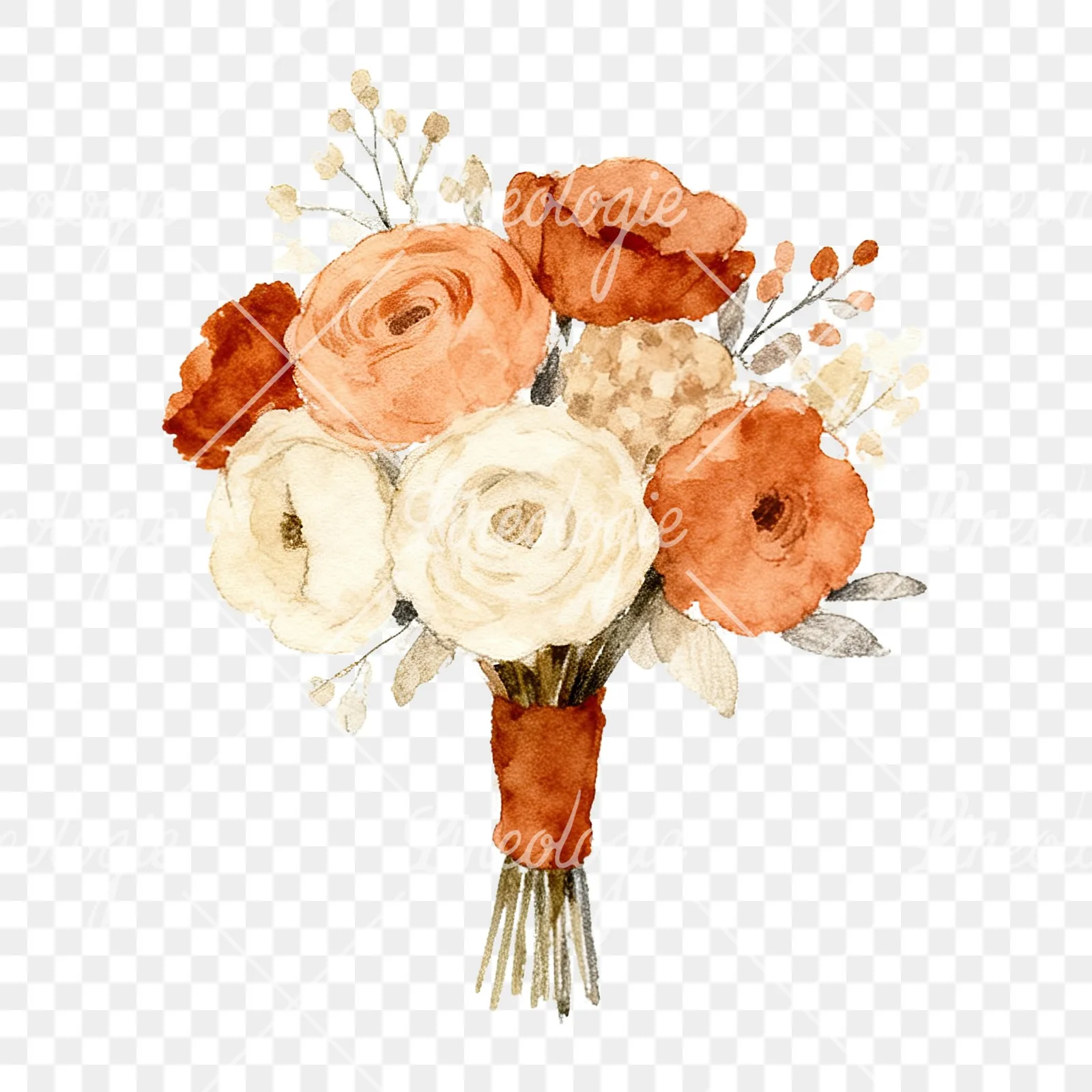 Watercolor boho terracotta rust and beige wedding bouquet clipart 3 of 9 on a transparent background (PNG)