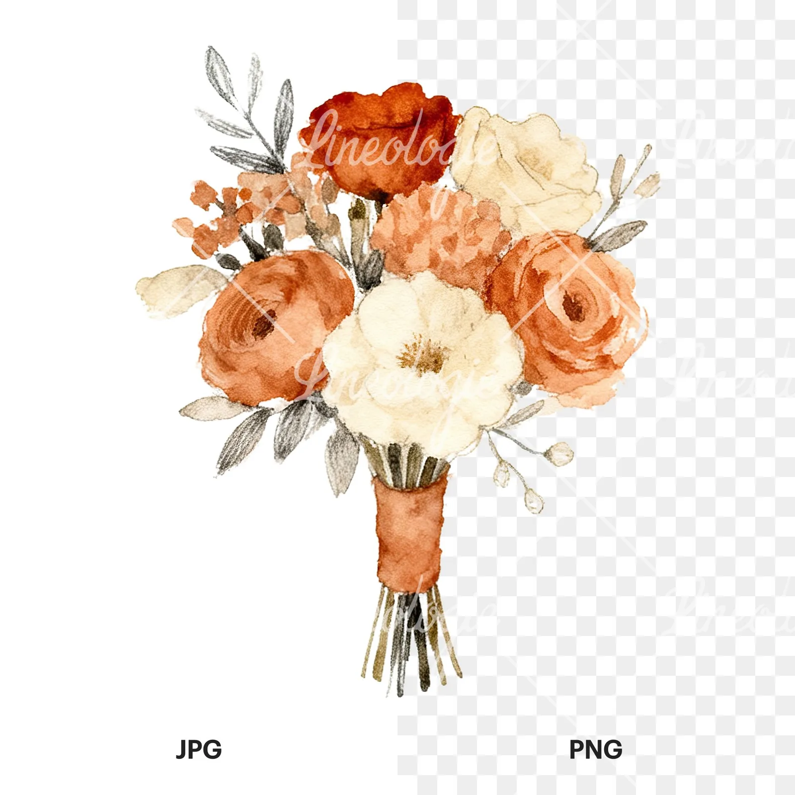 Watercolor boho terracotta rust and beige wedding bouquet clipart 4 of 9, as a JPG on white and a transparent PNG