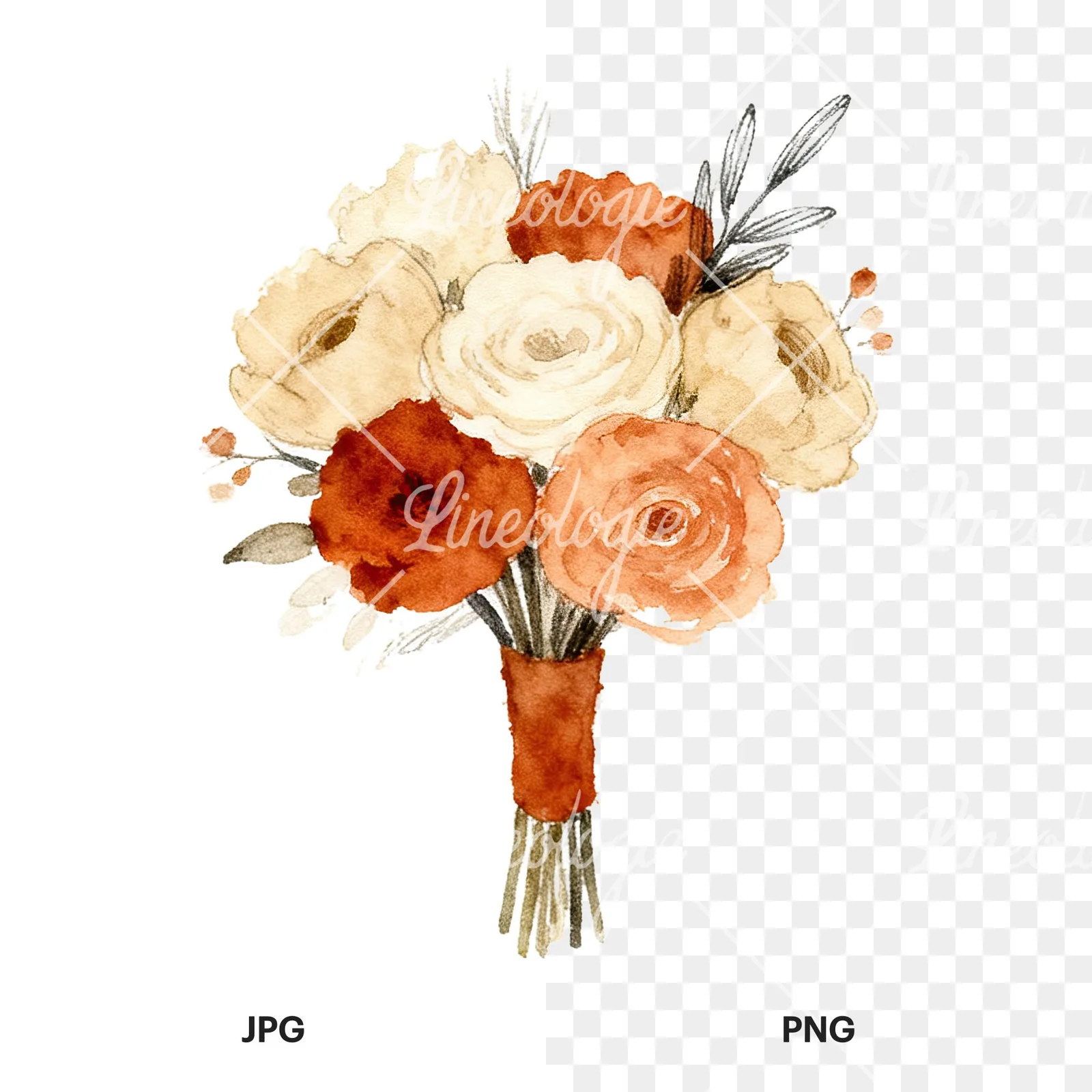 Watercolor boho terracotta rust and beige wedding bouquet clipart 5 of 9, as a JPG on white and a transparent PNG