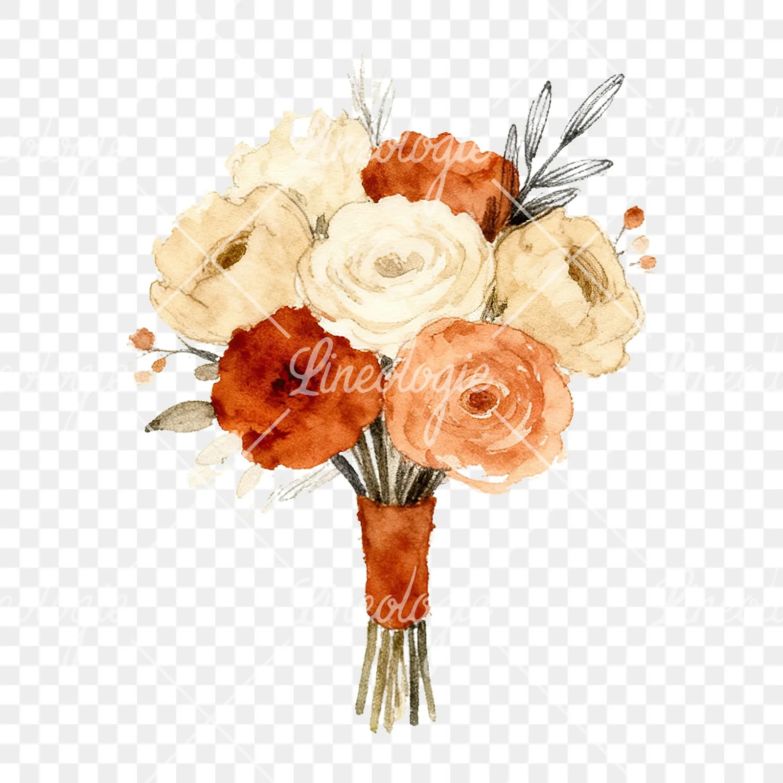 Watercolor boho terracotta rust and beige wedding bouquet clipart 5 of 9 on a transparent background (PNG)