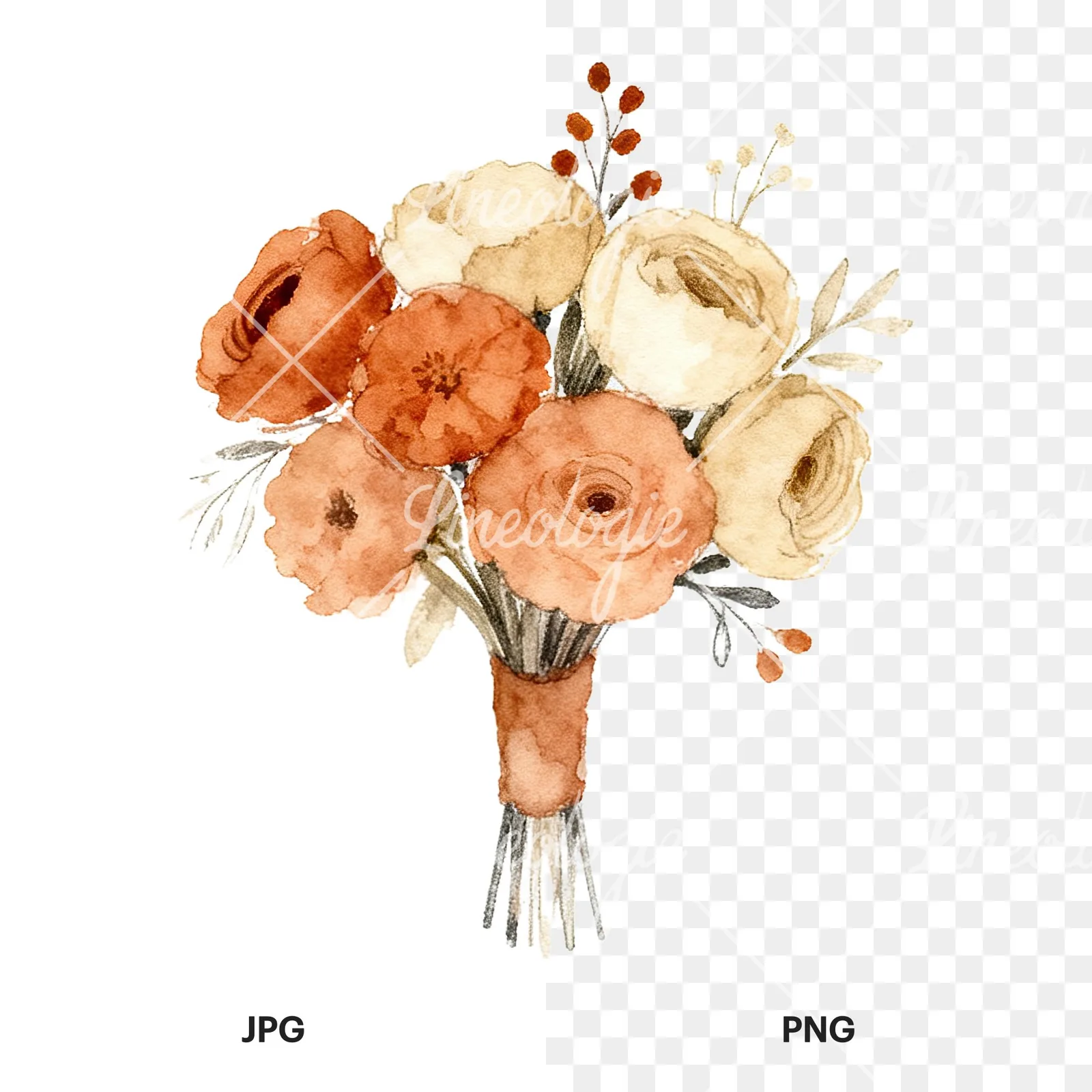 Watercolor boho terracotta rust and beige wedding bouquet clipart 6 of 9, as a JPG on white and a transparent PNG
