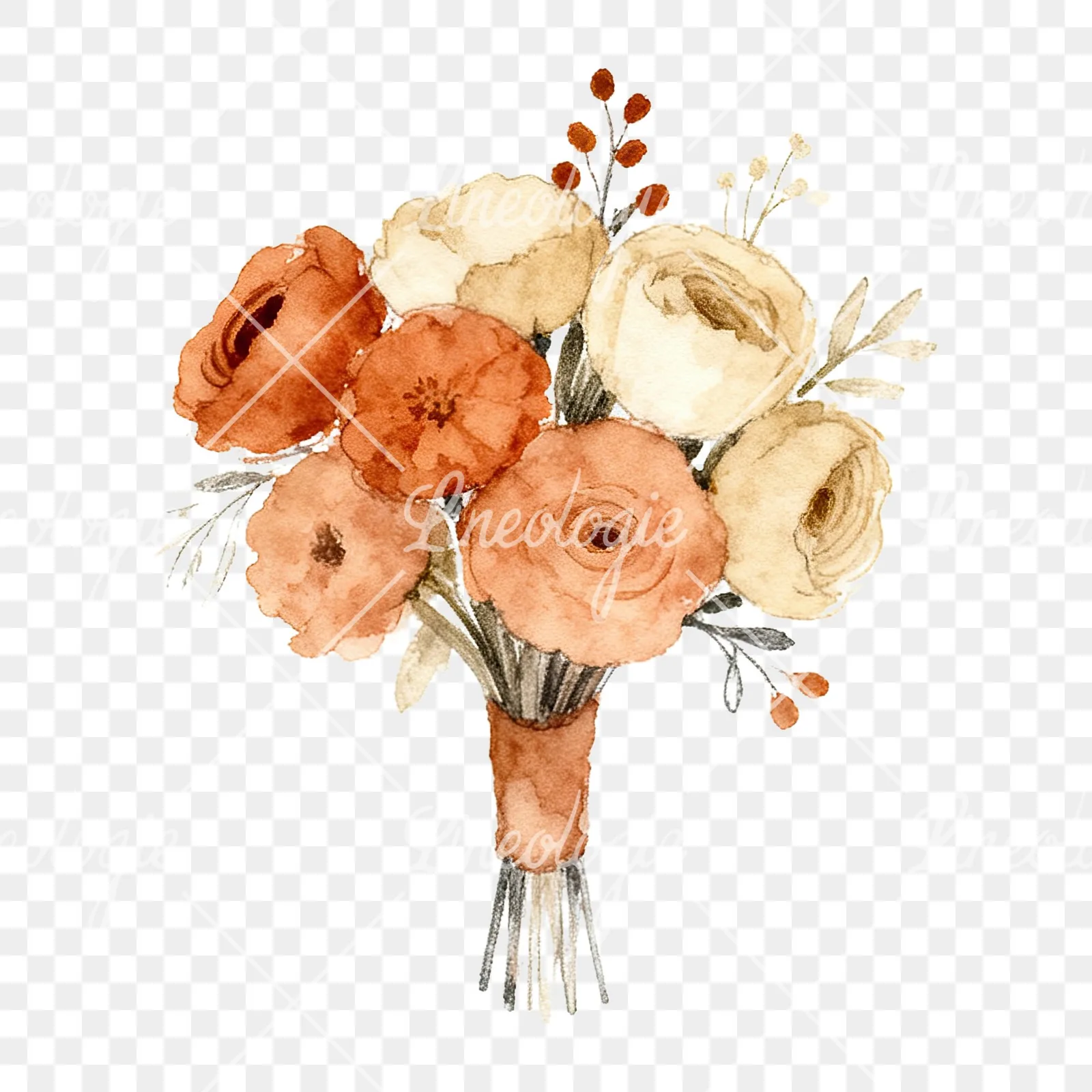 Watercolor boho terracotta rust and beige wedding bouquet clipart 6 of 9 on a transparent background (PNG)