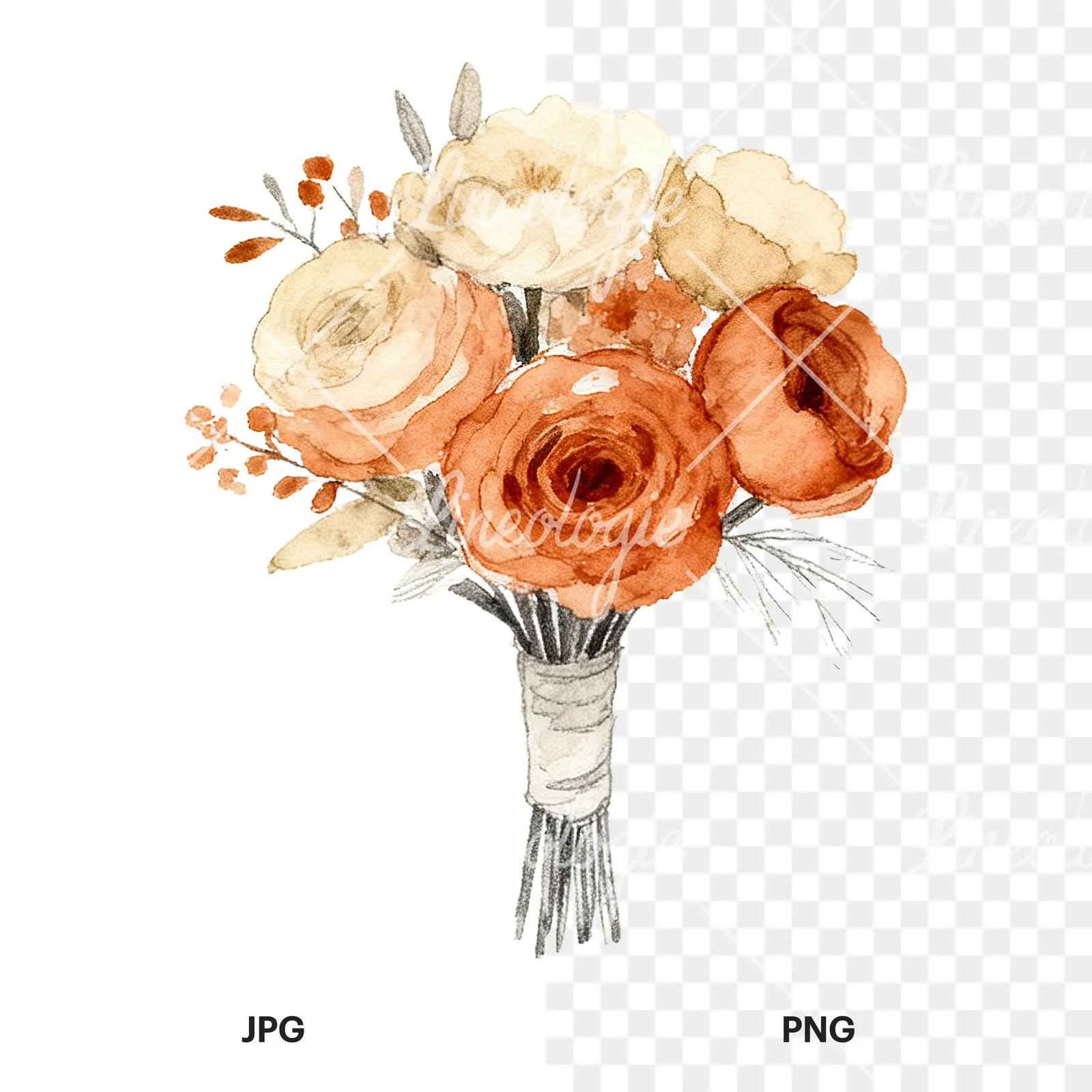 Watercolor boho terracotta rust and beige wedding bouquet clipart 7 of 9, as a JPG on white and a transparent PNG