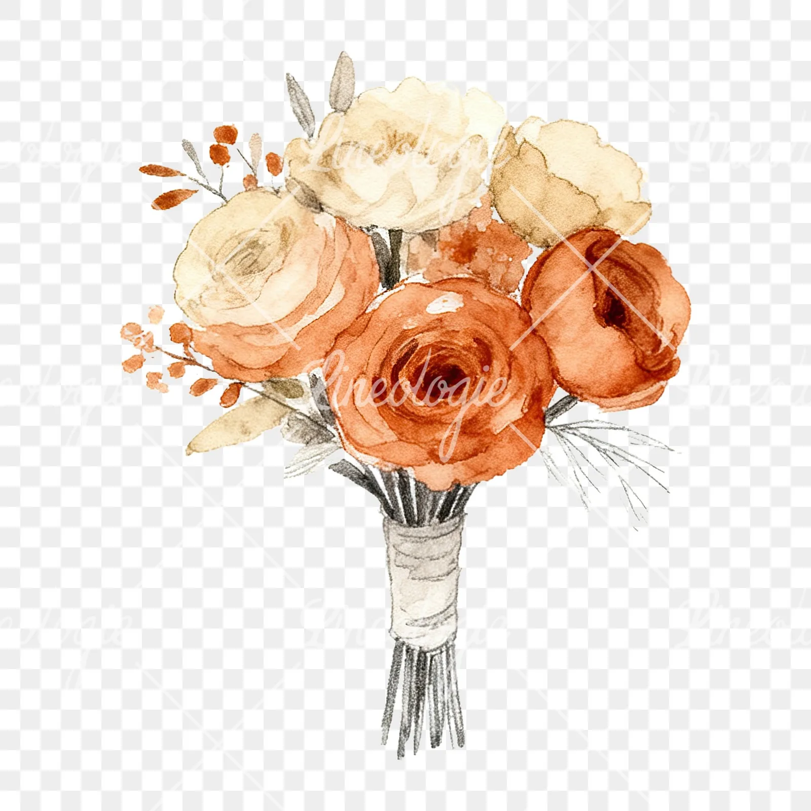 Watercolor boho terracotta rust and beige wedding bouquet clipart 7 of 9 on a transparent background (PNG)