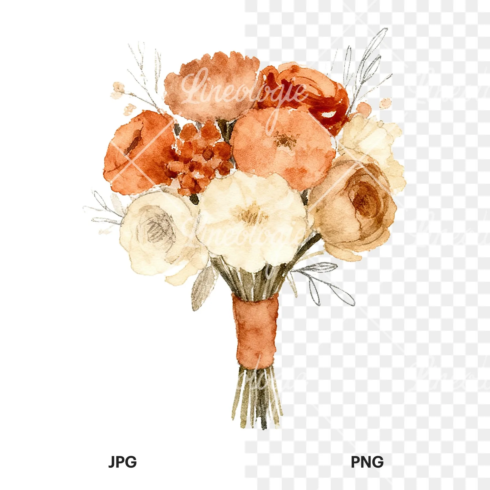 Watercolor boho terracotta rust and beige wedding bouquet clipart 8 of 9, as a JPG on white and a transparent PNG
