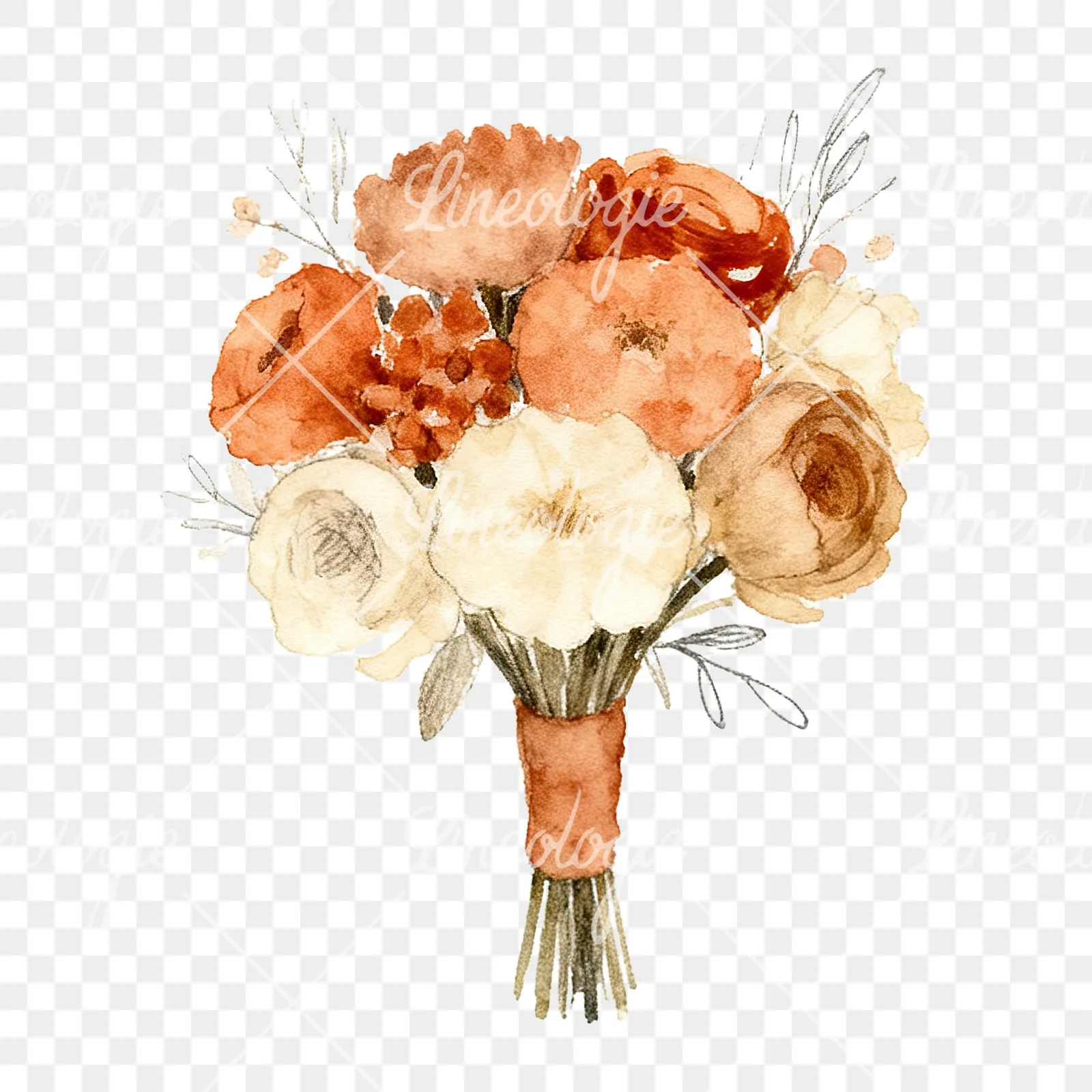Watercolor boho terracotta rust and beige wedding bouquet clipart 8 of 9 on a transparent background (PNG)