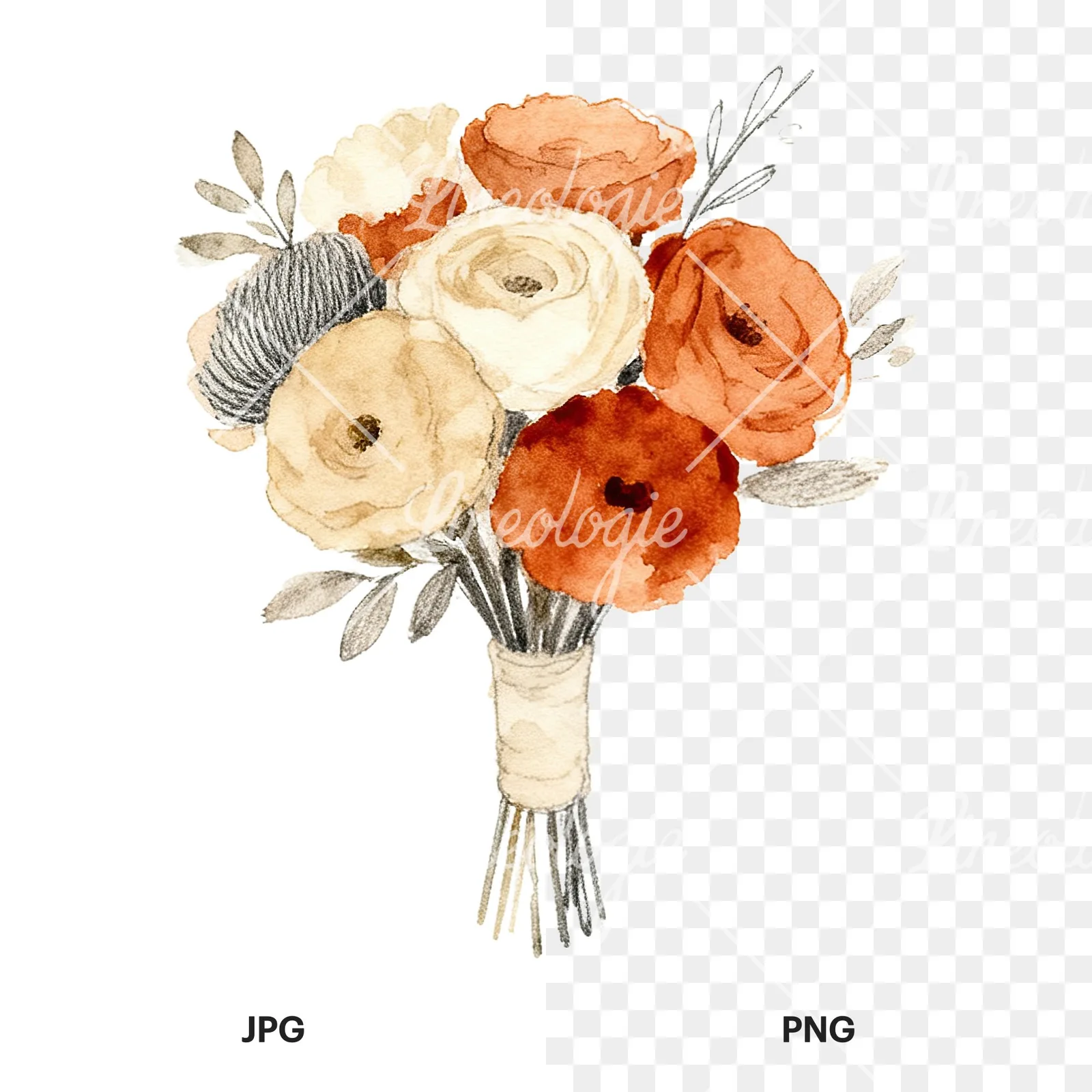 Watercolor boho terracotta rust and beige wedding bouquet clipart 9 of 9, as a JPG on white and a transparent PNG
