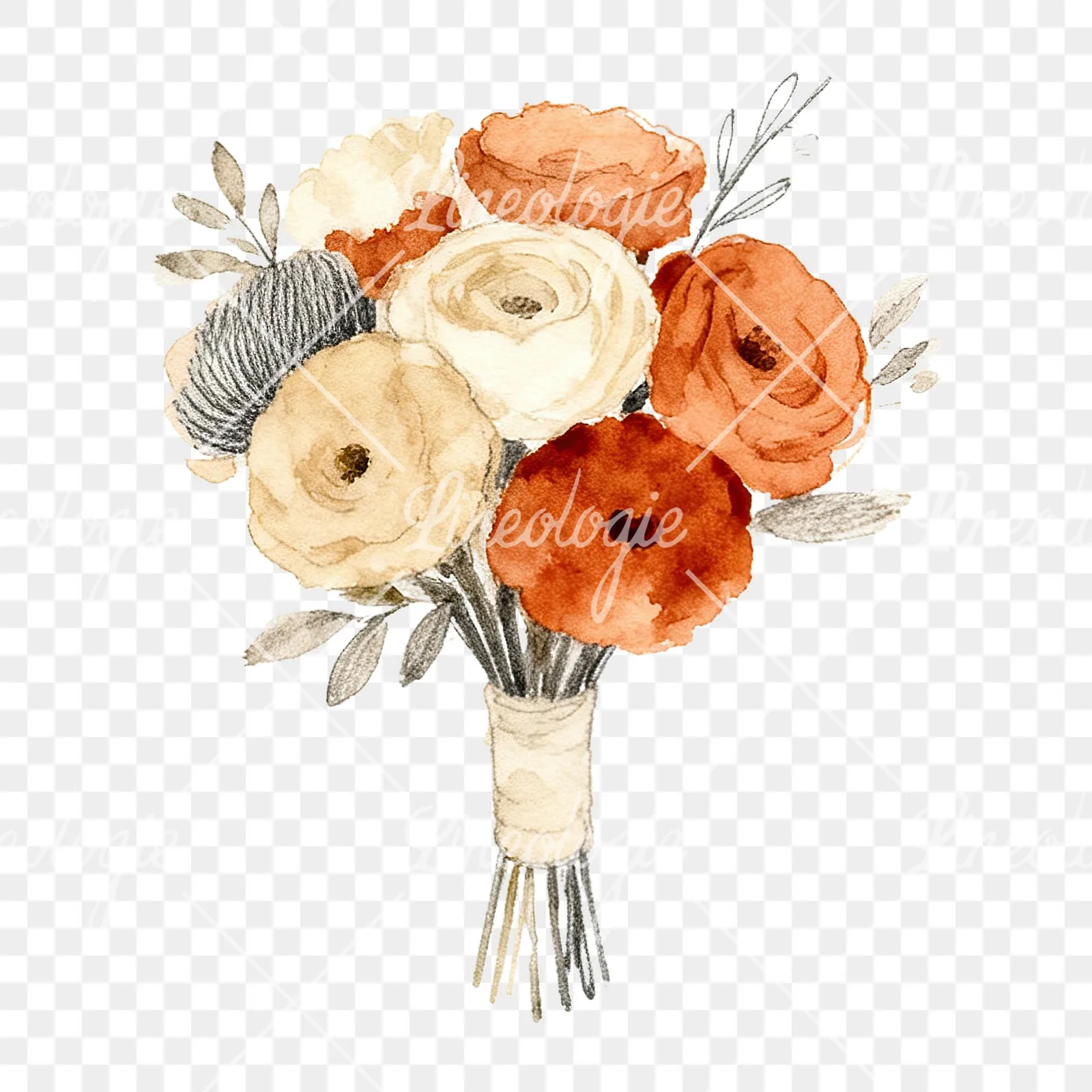 Watercolor boho terracotta rust and beige wedding bouquet clipart 9 of 9 on a transparent background (PNG)
