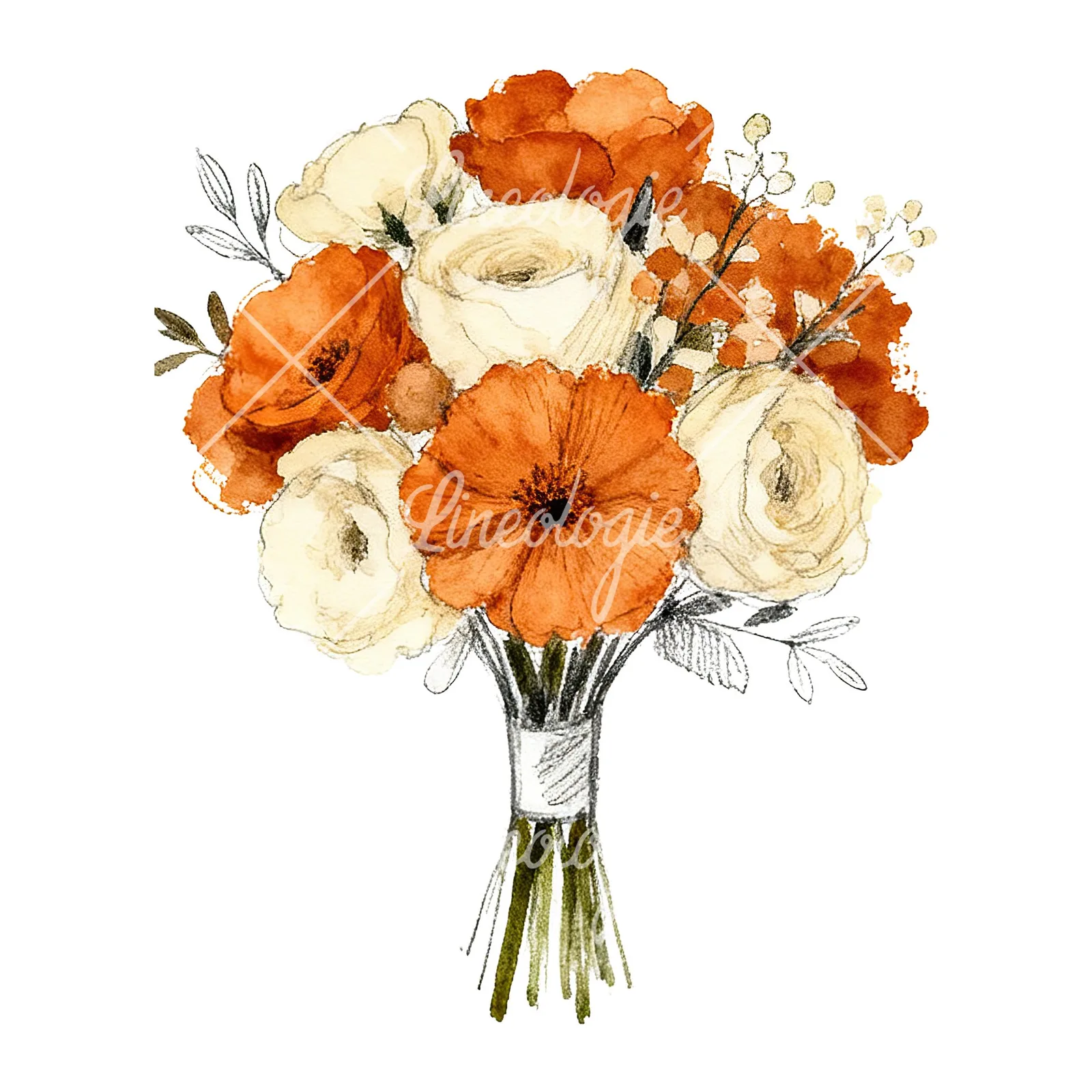 Watercolor burnt orange cream boho wedding bouquet clipart 1 of 9 on a white background (JPG)