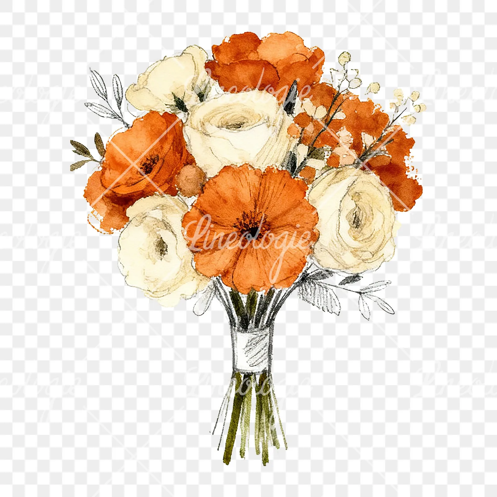 Watercolor burnt orange cream boho wedding bouquet clipart 1 of 9 on a transparent background (PNG)