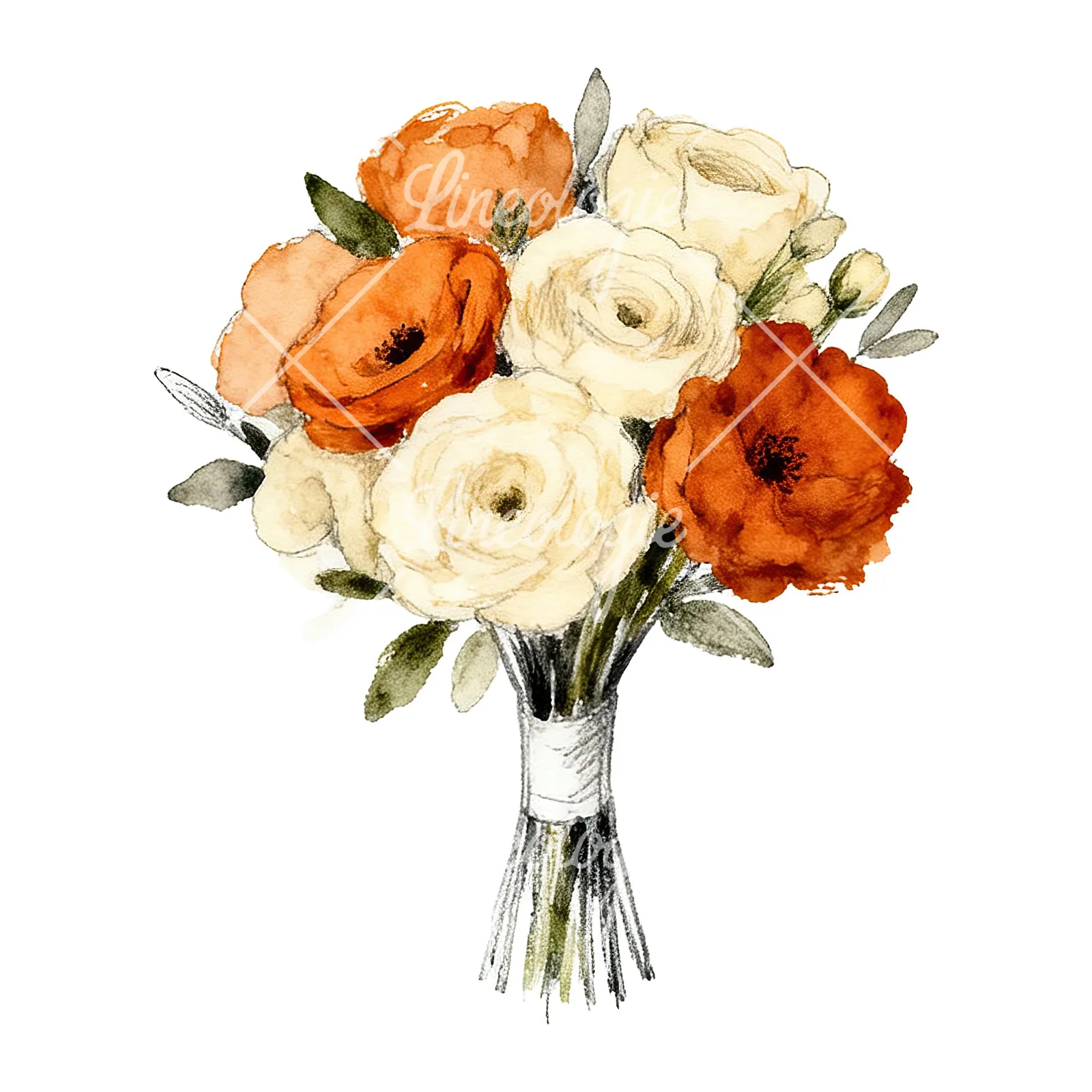 Watercolor burnt orange cream boho wedding bouquet clipart 2 of 9 on a white background (JPG)