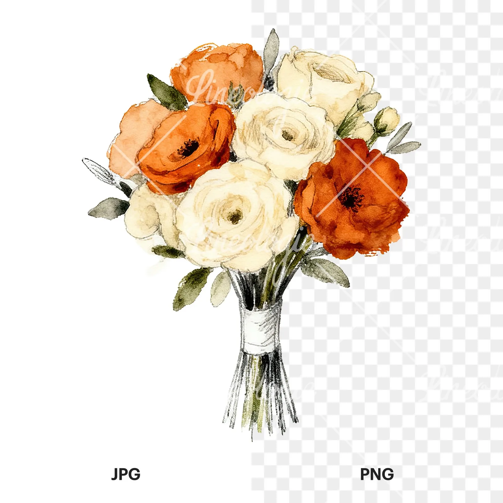 Watercolor burnt orange cream boho wedding bouquet clipart 2 of 9, as a JPG on white and a transparent PNG